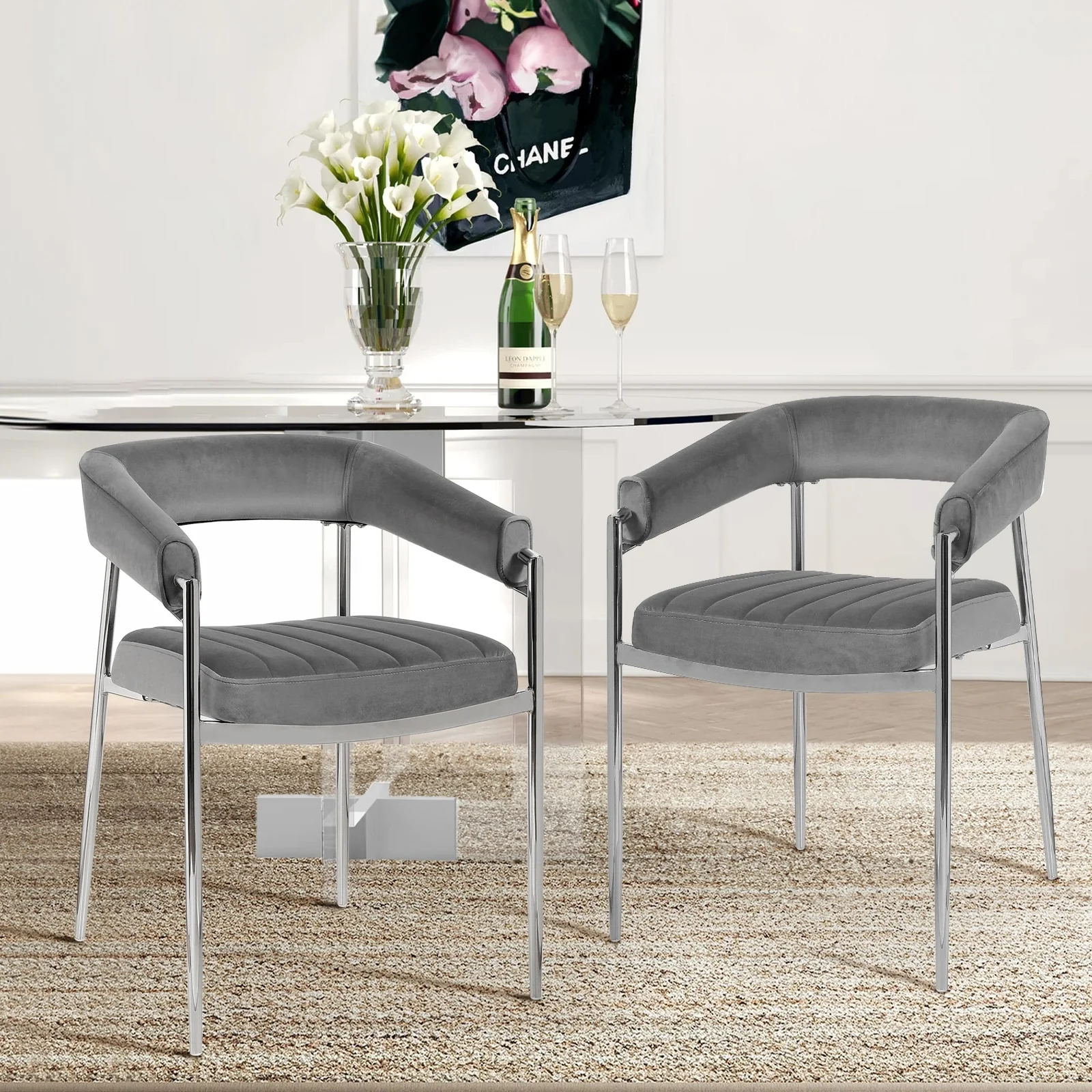 Modern Velvet Upholstered Dining Chairs with Chrome Metal Legs - 21.5W x 20.9D x 29.7H