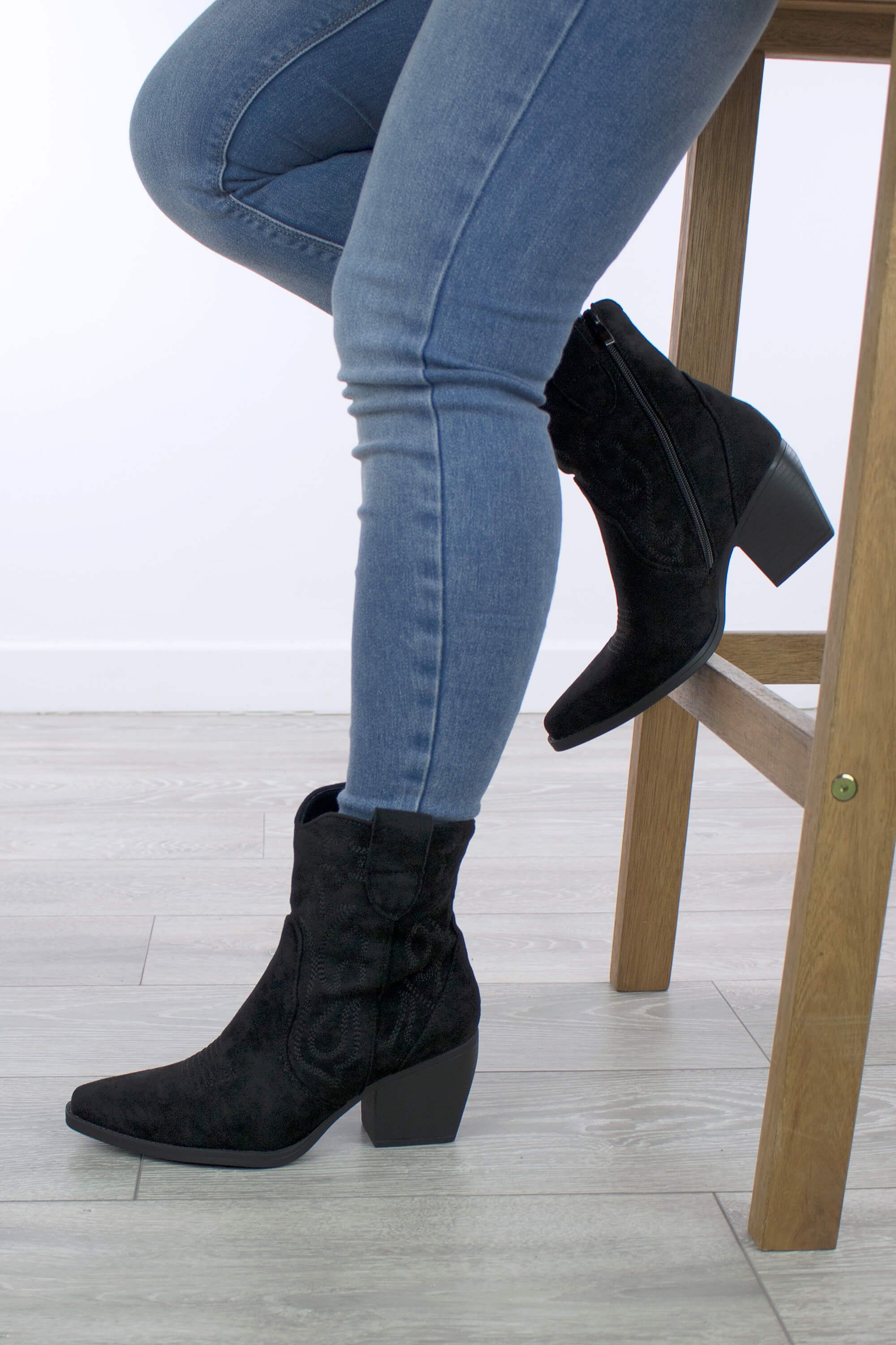 AJVANI Mid Heel Cowboy Pointed Toe Ankle Western Boots