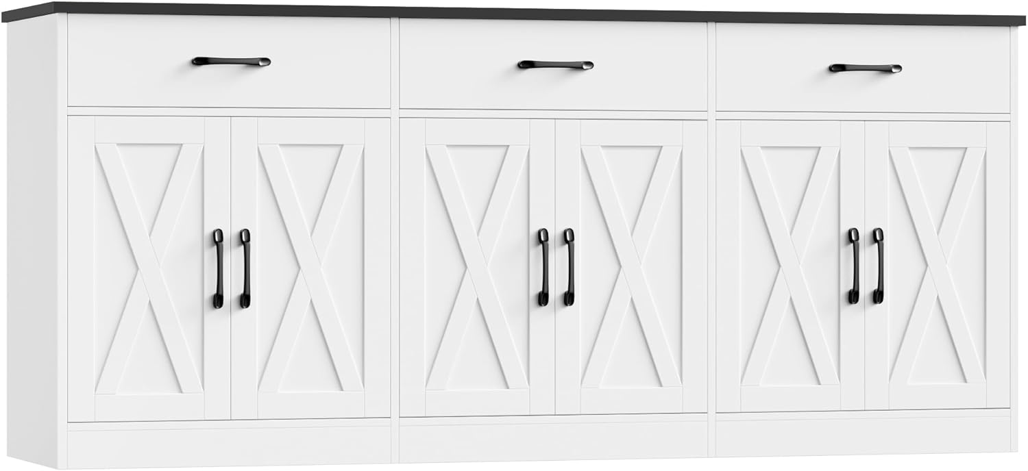 HOSTACK 71 Large Sideboard Buffet Cabinet with Storage, Farmhouse Coffee Bar Cabinet with 3 Drawers, Long Kitchen Buffet Table, Kitchen Sideboard Storage Cabinet for Dining, Living Room, White/Black