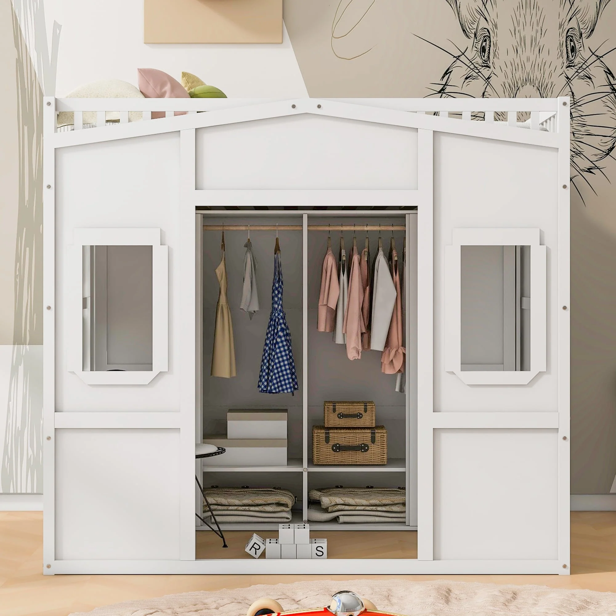 Solid Wood House Loft Bed with Ladder and Wardrobe for Kids