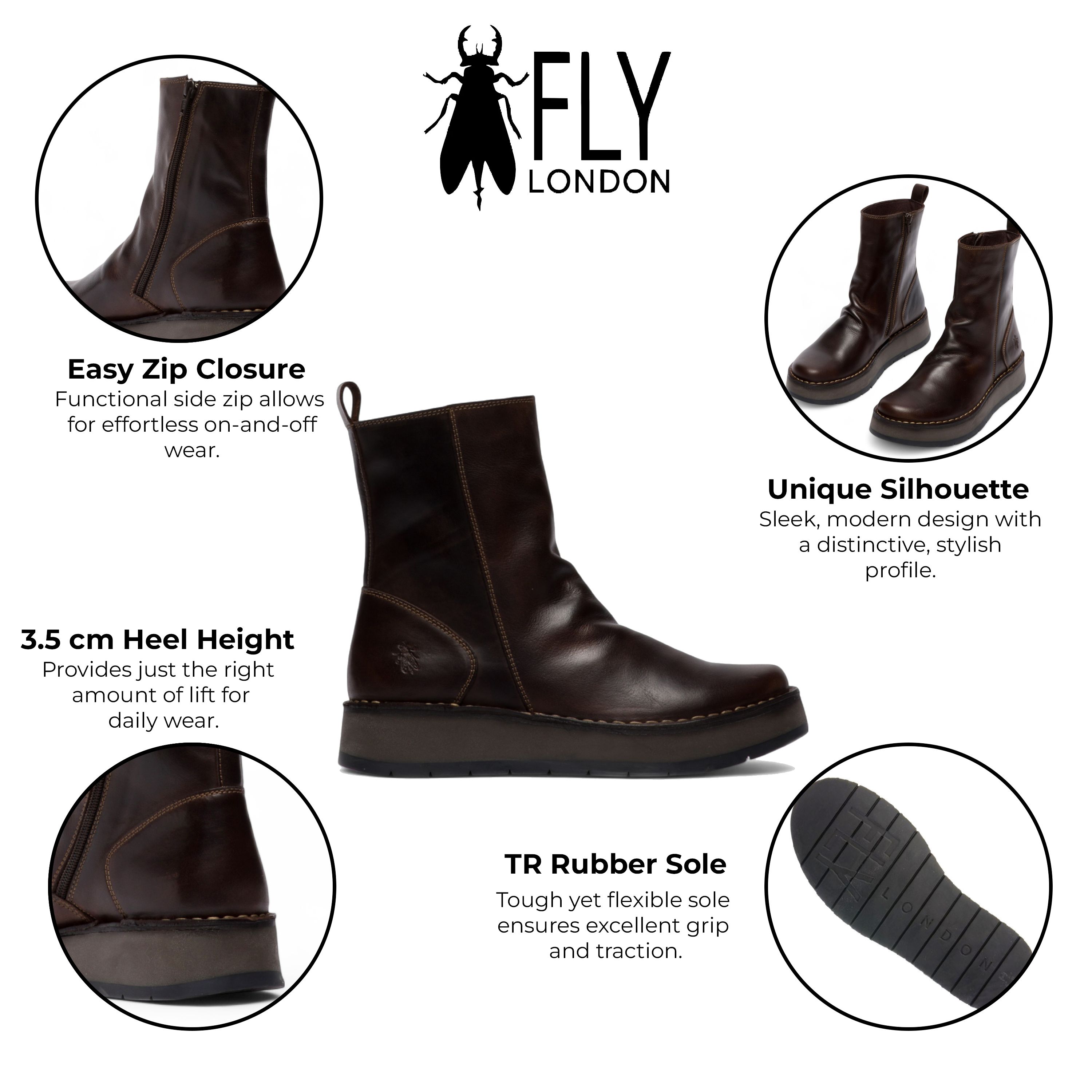 Infinity Leather Fly London Dark RENO053FLY Leather Zip Up Platform Comfort Ankle Boots