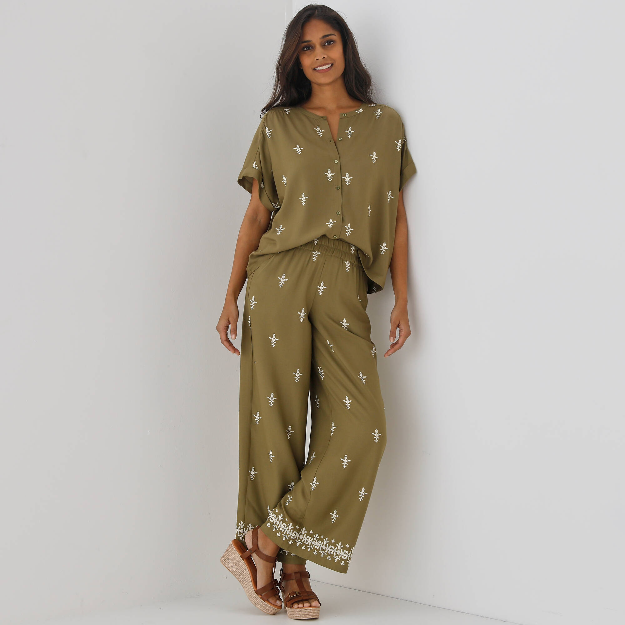 Pantalon large imprimé, taille élastiquée