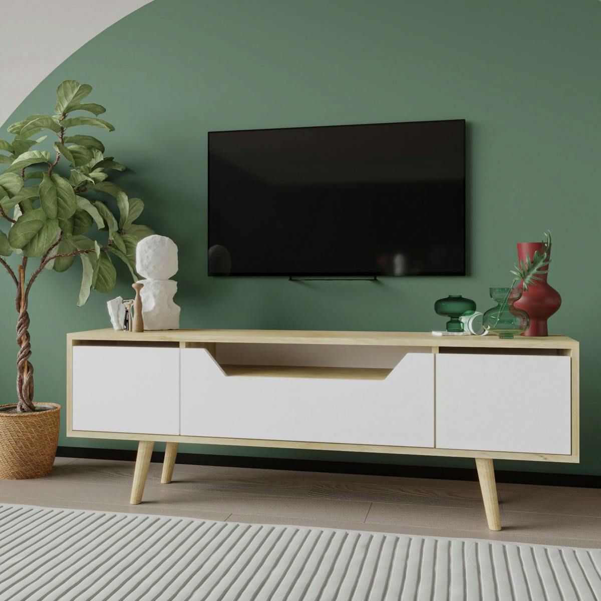 Meuble TV moderne 3 portes blanches cadre clair 150 cm MARFA