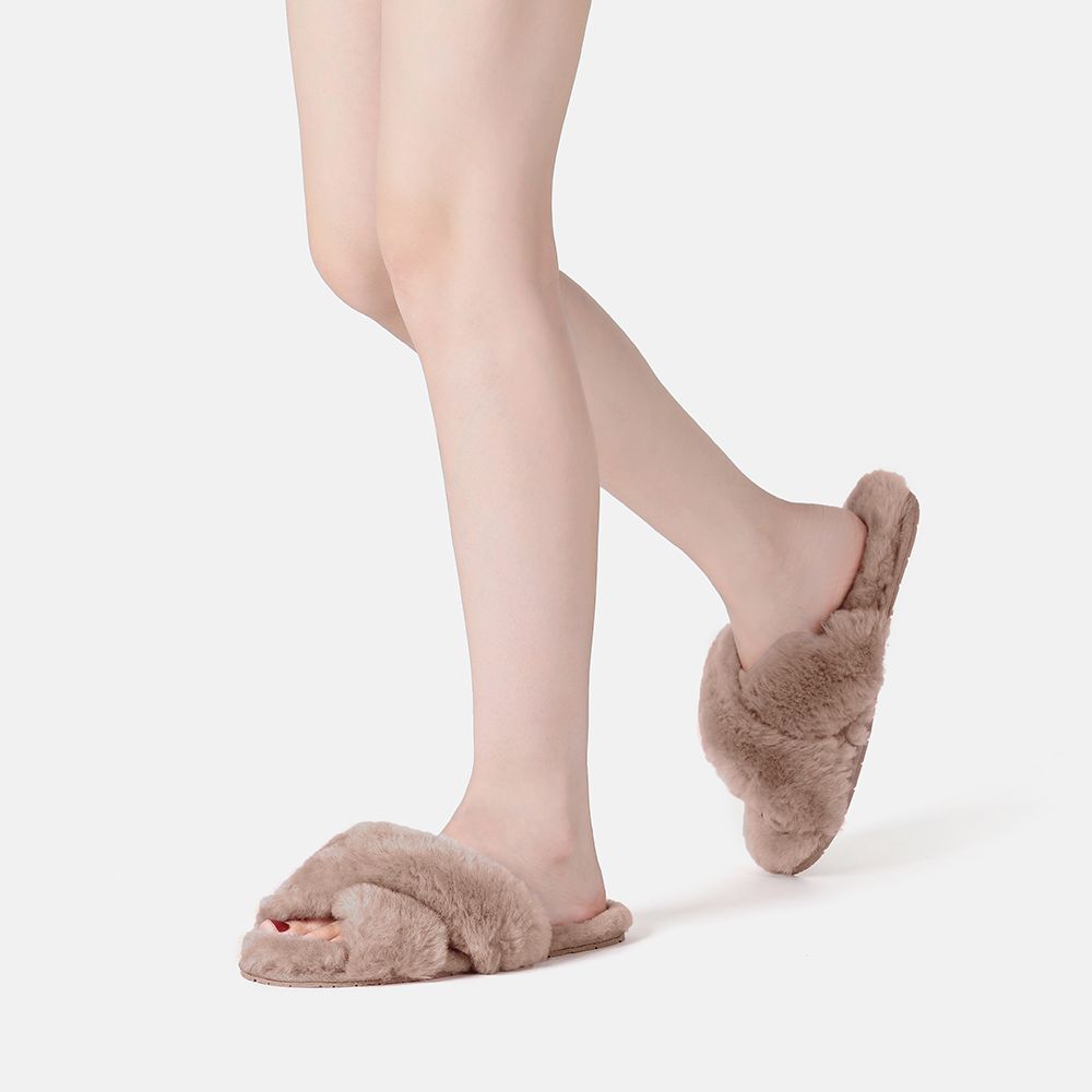 EverAu Australia Real Sheepskin Dove Crossover Slides with Rubber Sole