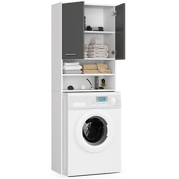 Meuble pour machine à laver AKORD FIN Blanche 64 cm 2 portes façade Gris Graphite niche 4 étagères 64x30x180 cm