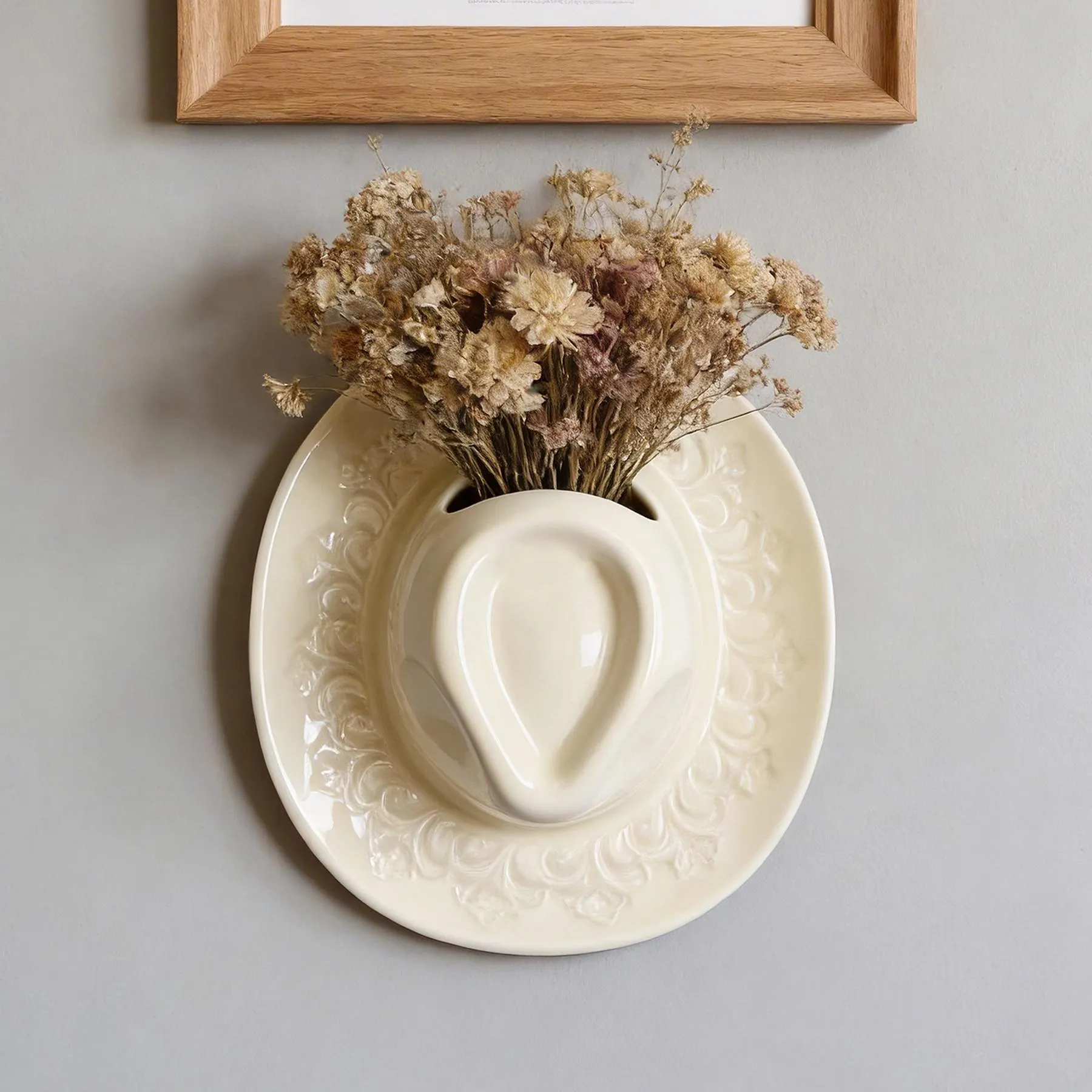 Ceramic Cowboy Hat Wall Vase, Embossed Floral Western Decor, Pink Beige Brown Flower Pocket