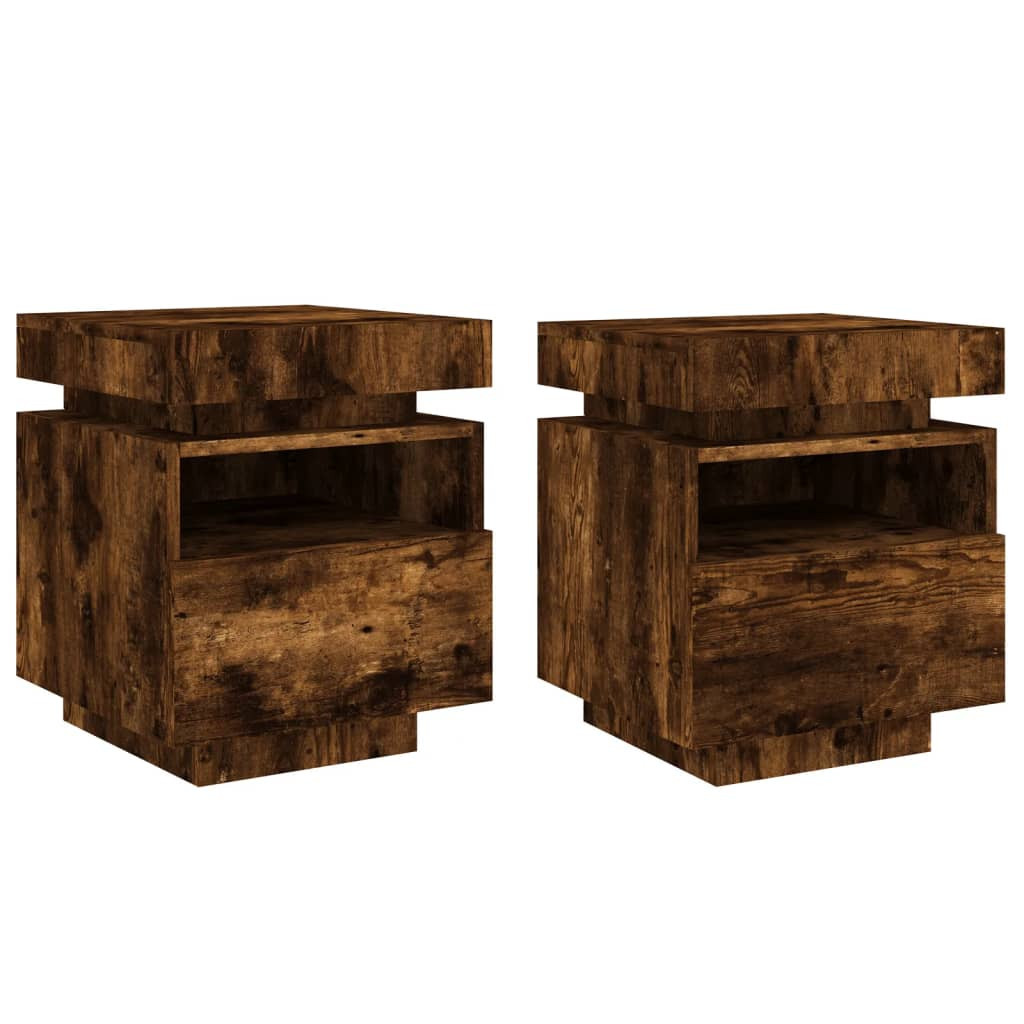2x Szafka Nocna Stolik Brązowa z Szufladą z LED Do Sypialni 40x39x48,5 cm