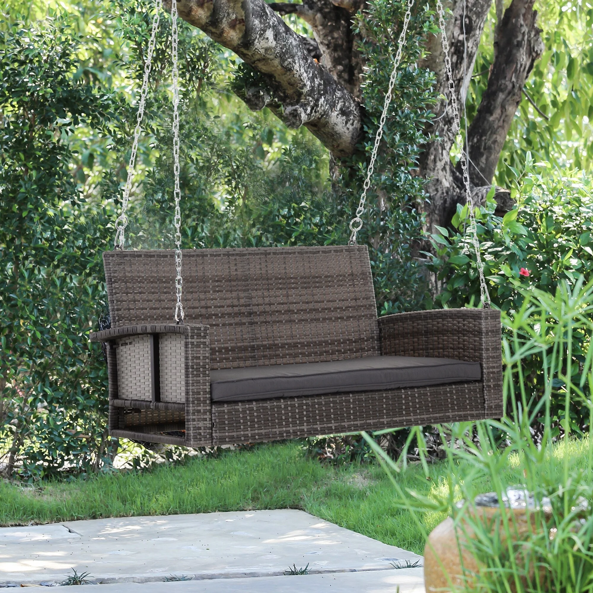 2 Person Wicker Hanging Swing Bench, Front Porch Swing Outdoor Chair with Cushions 550 lbs. Weight Capacity