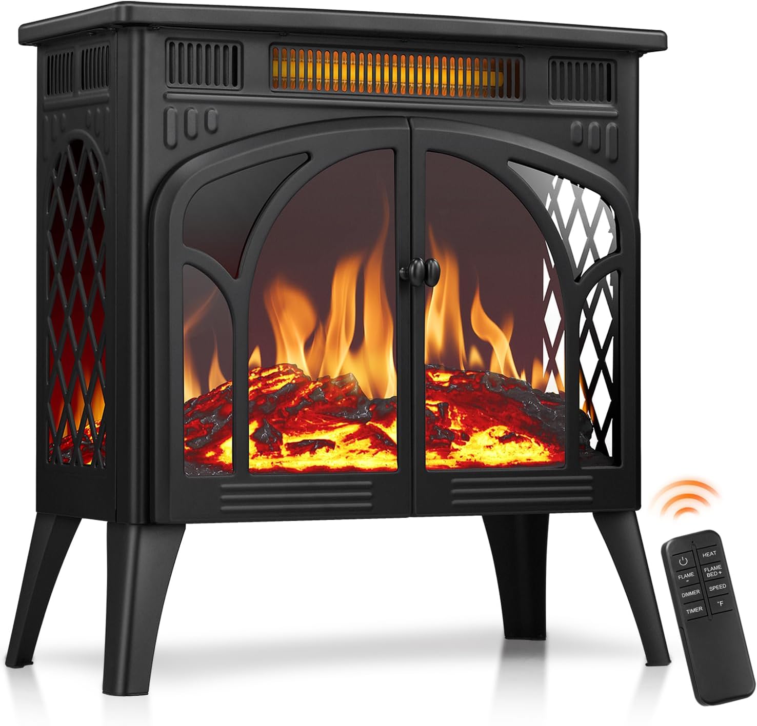 R.W.FLAME Electric Fireplace Heater 25 with Remote Control, Cathedral Stylish, Different Flame Effects and Log Set Colors, Adjustable Brightness and Heating Mode, Overheating Safe Design