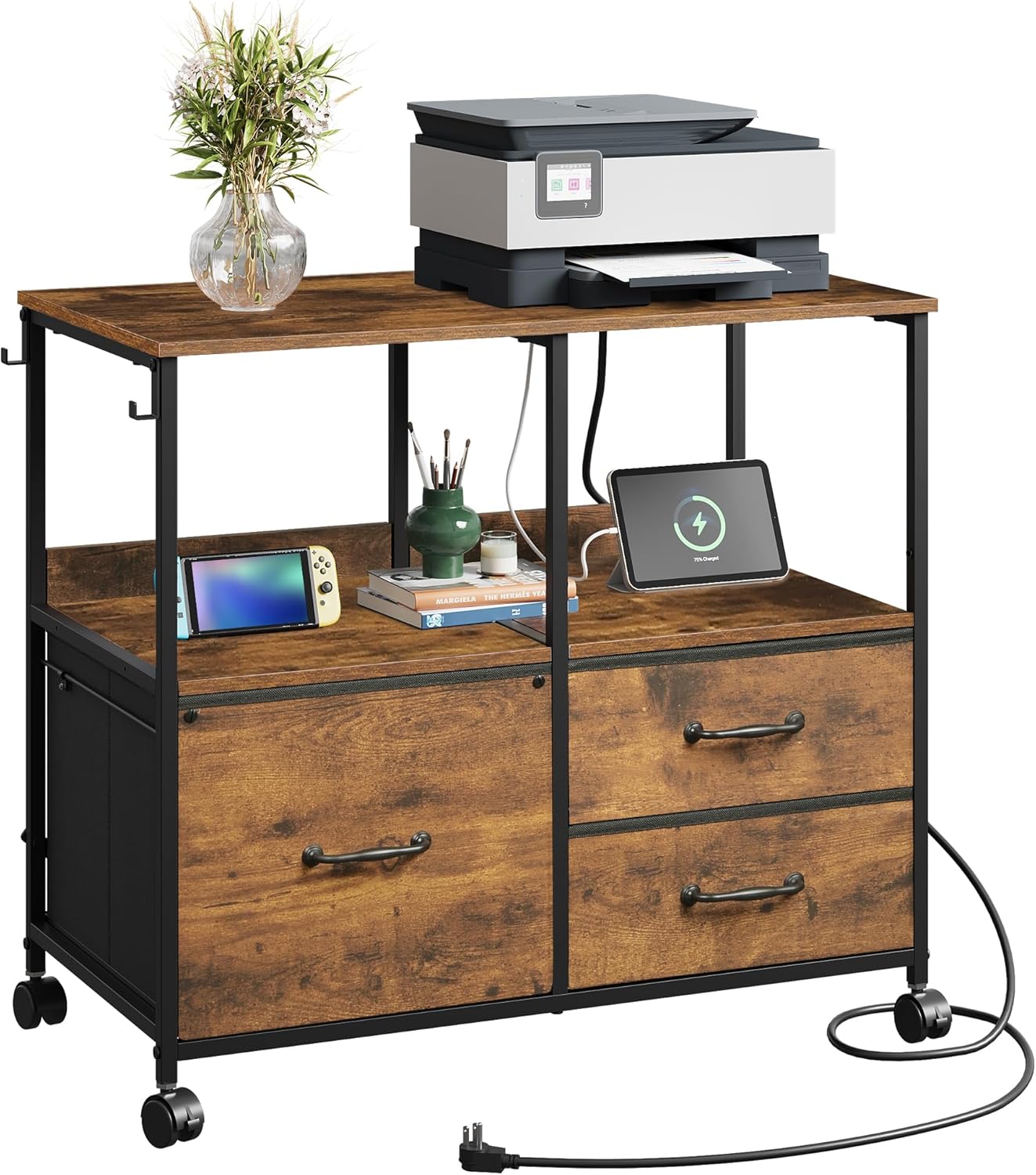 DEVAISE 3 Drawer Mobile File Cabinet, Rolling Printer Stand with Storage Shelf, Fabric Lateral Filing Cabinet fits A4 or Letter Size, Adjustable Shelf for Home Office, Rustic Brown