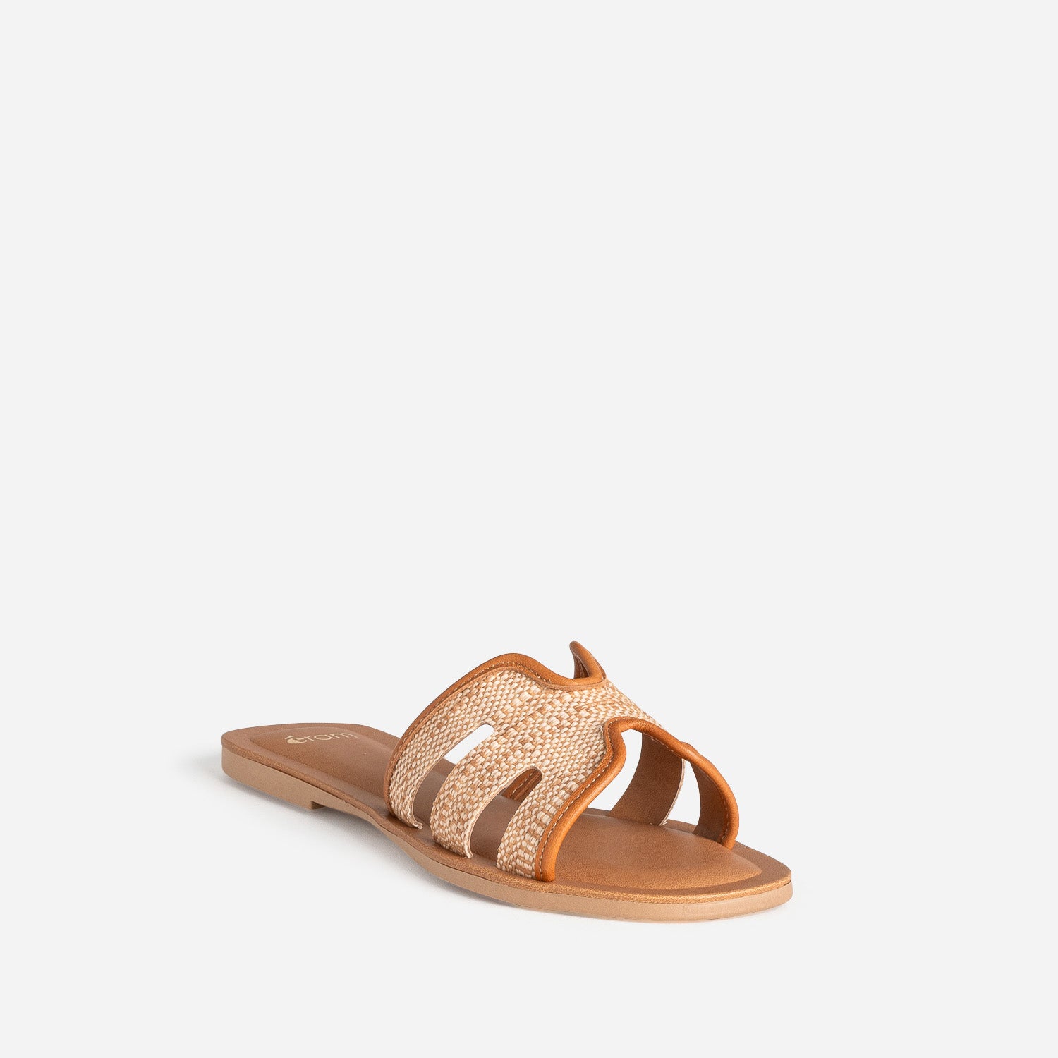 Mule beige effet raphia bords camel cuir