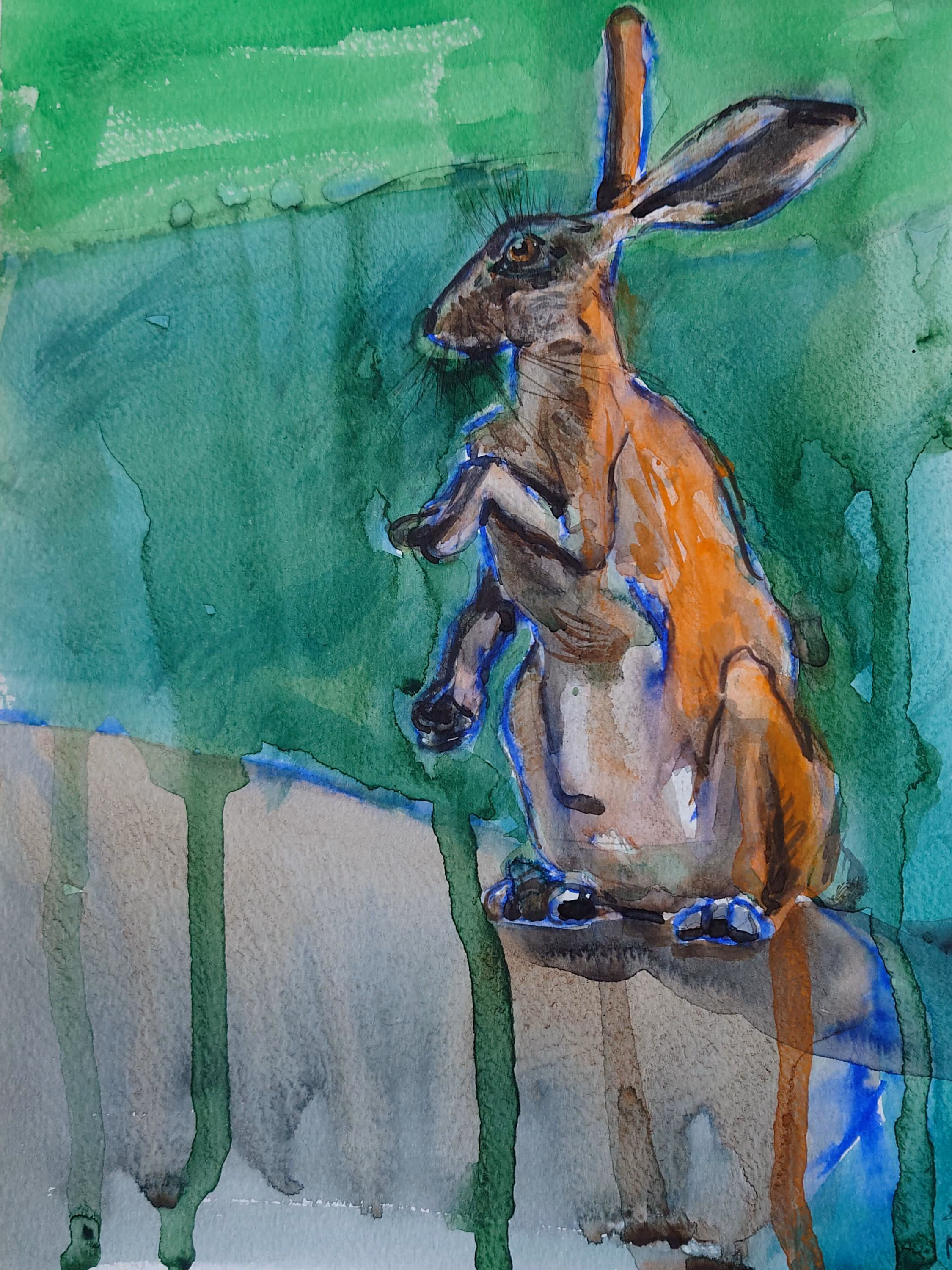 Original Watercolor Hare Painting, Standing Wild Rabbit Portrait, Wildlife Fine Art