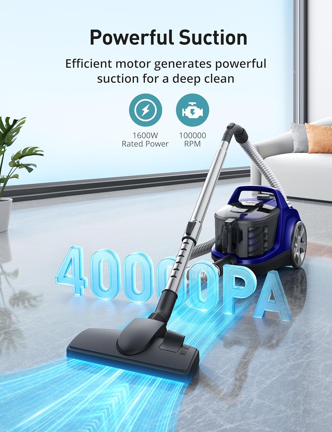 Aspiron Canister Vacuum Cleaner, 40Kpa Bagless Vacuum Cleaners, 4QT Large Dust Cup, Double HEPA Filter, Retractable Cord, 1600W Lightweight Vacuum Cleaner with 5 Tools for Hard Floors, Cobalt