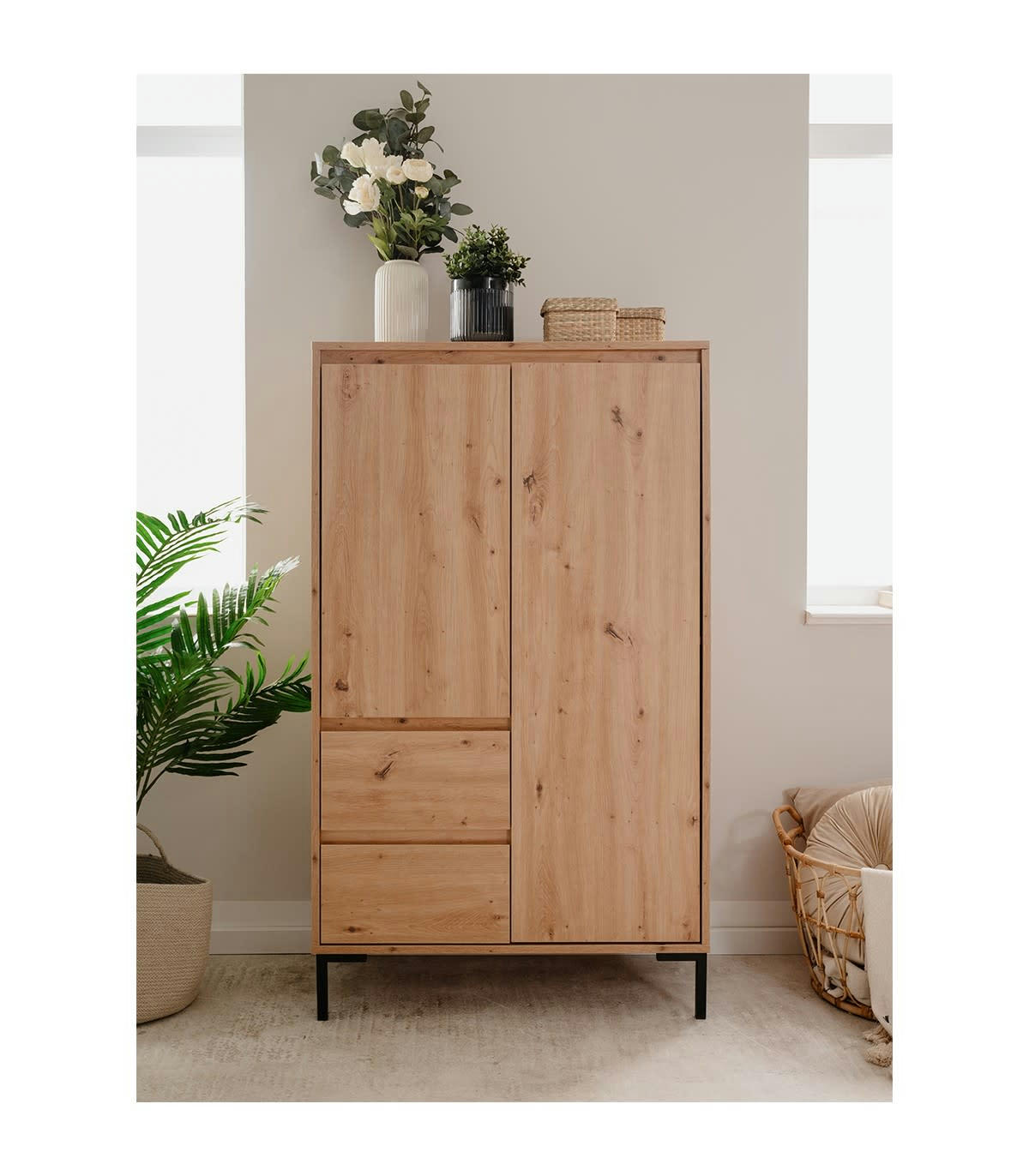 PLOCK - Buffet haut 2 portes 2 tiroirs effet bois - L81 x H139 cm