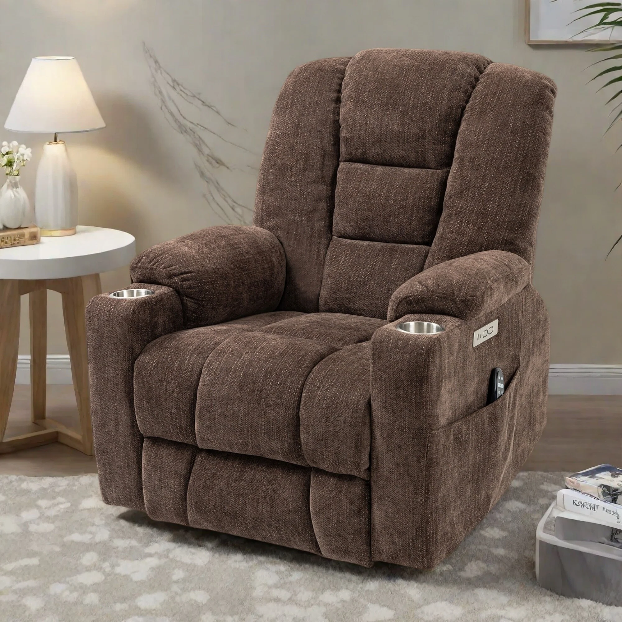 Power Lift Recliner Chair with Dual USB Ports, Cup Holders, Chenille Fabric, 155° Recline, Easy Assembly