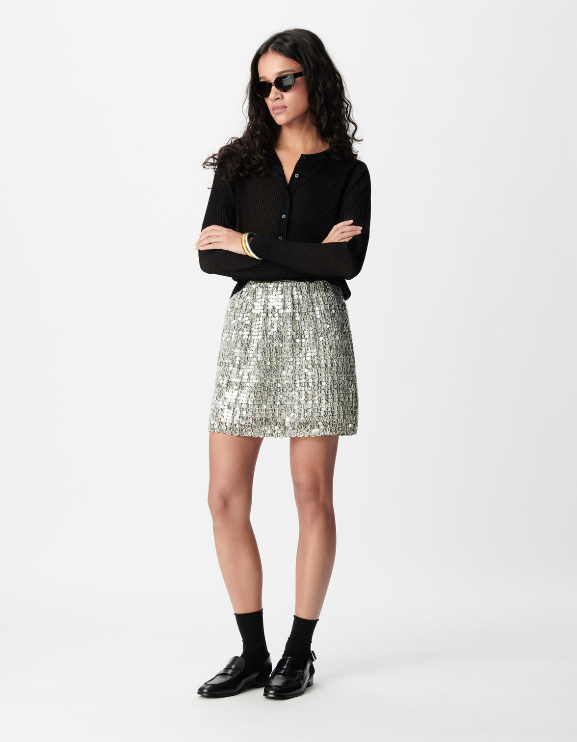Jupe courte grise tricot brodé sequins Femme