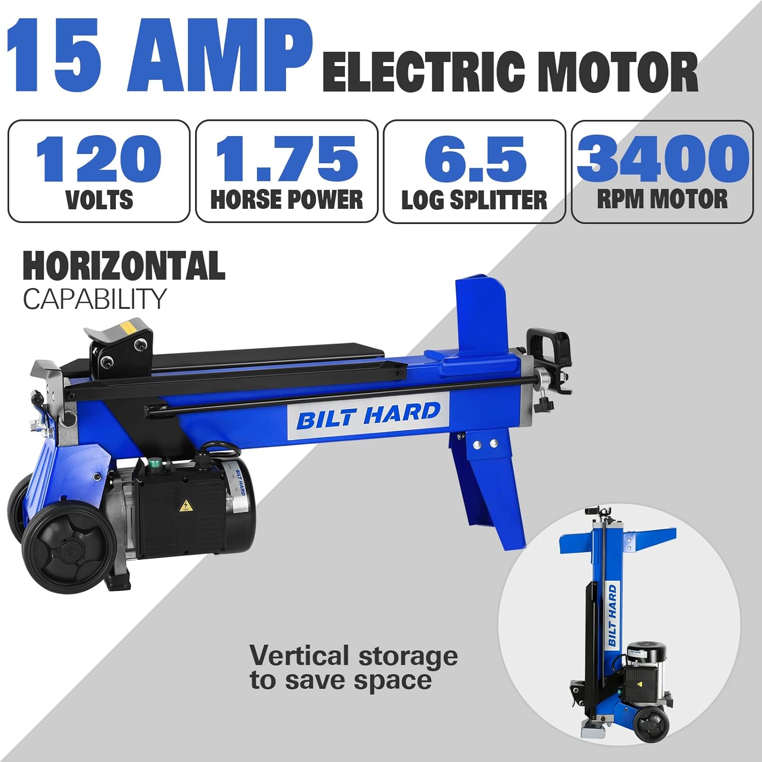 BILT HARD Log Splitter 6.5 Ton  Wood Splitter Electric Powered 15Amp  with Hydraulic Ram  Electric Firewood Splitting Machine  Horizontal