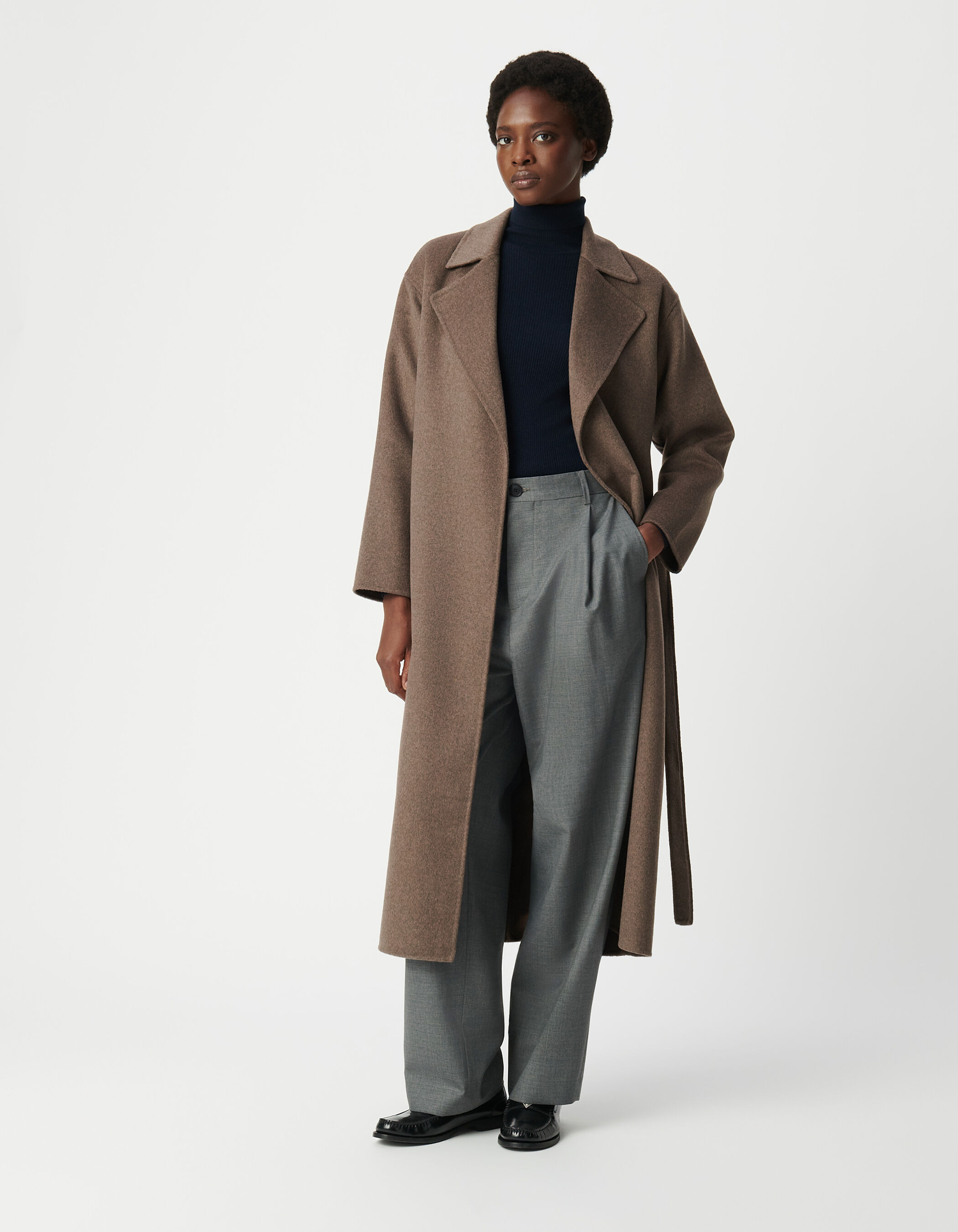 Manteau long beige ceinturé Femme