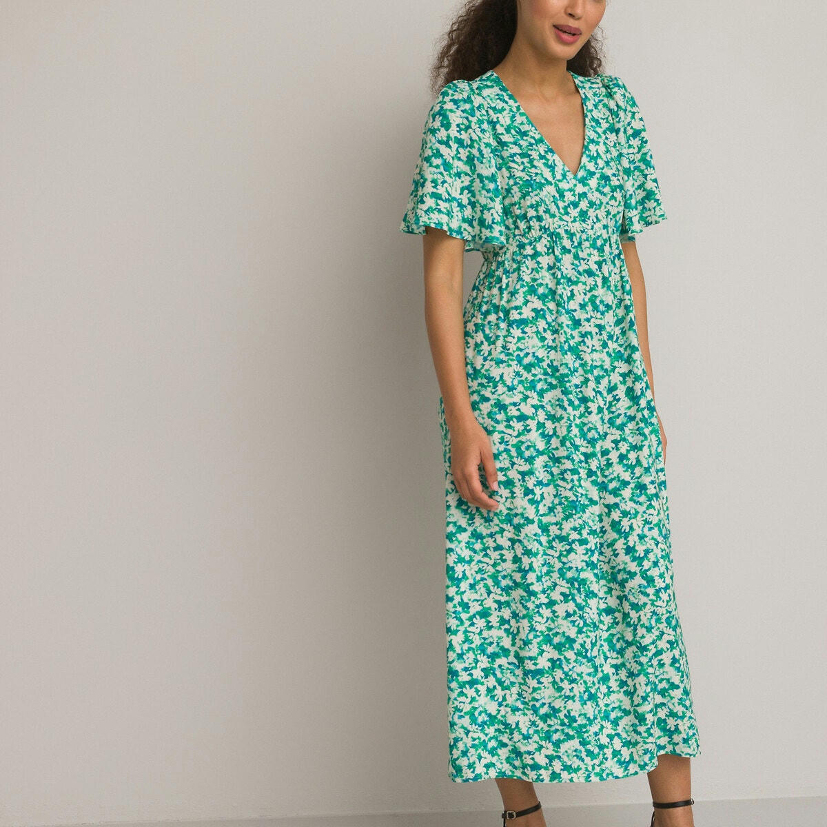 Robe longue col v manches papillon, imprimé fleuri