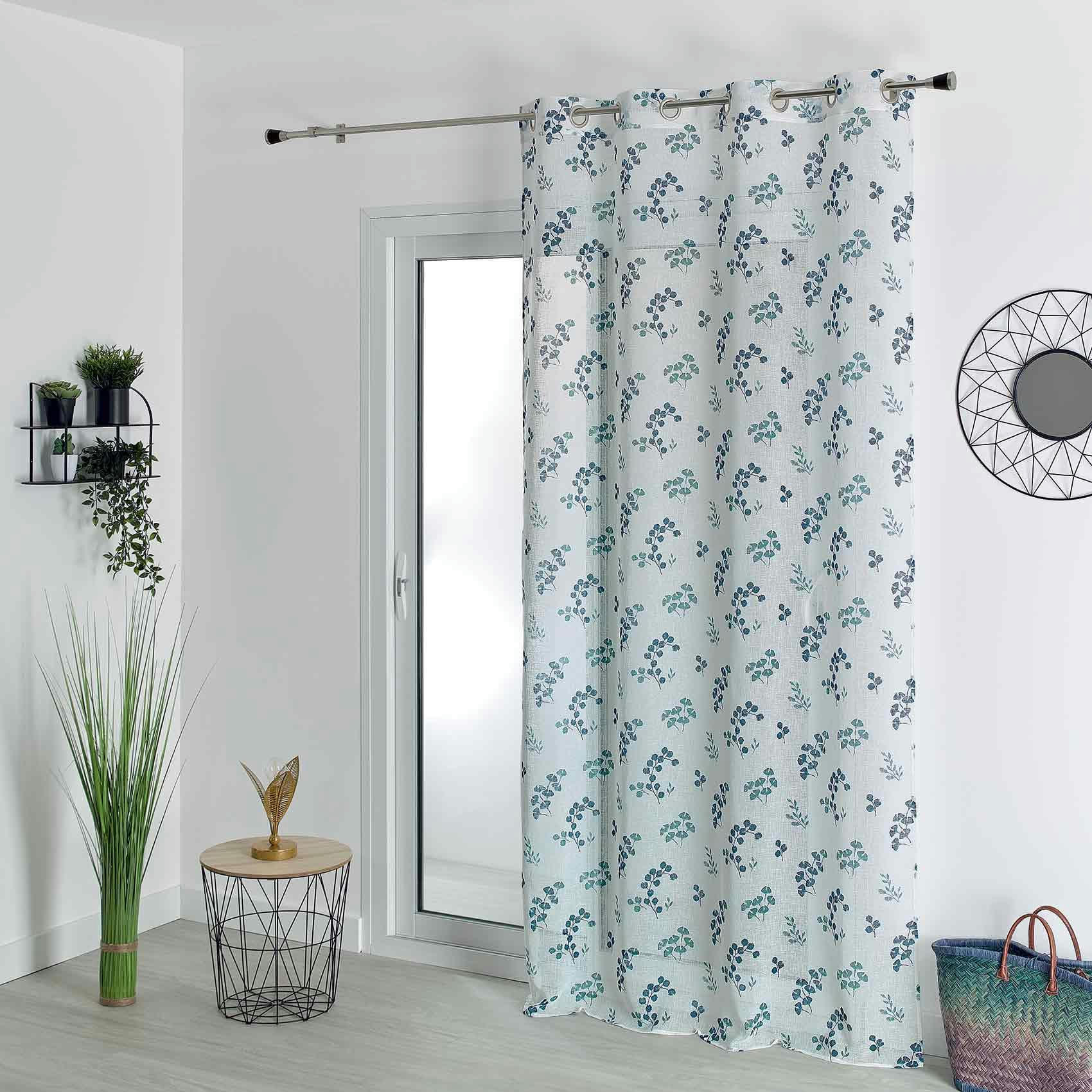 - Voilage tamisant en étamine fleurie polyester bleu 140x240 cm