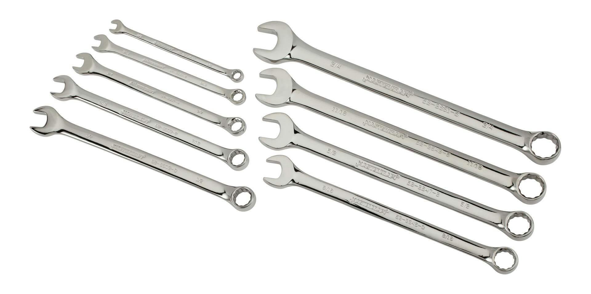 Mastercraft Combination Wrench Set, SAE, Nickel-Chrome Plating, 9-pc