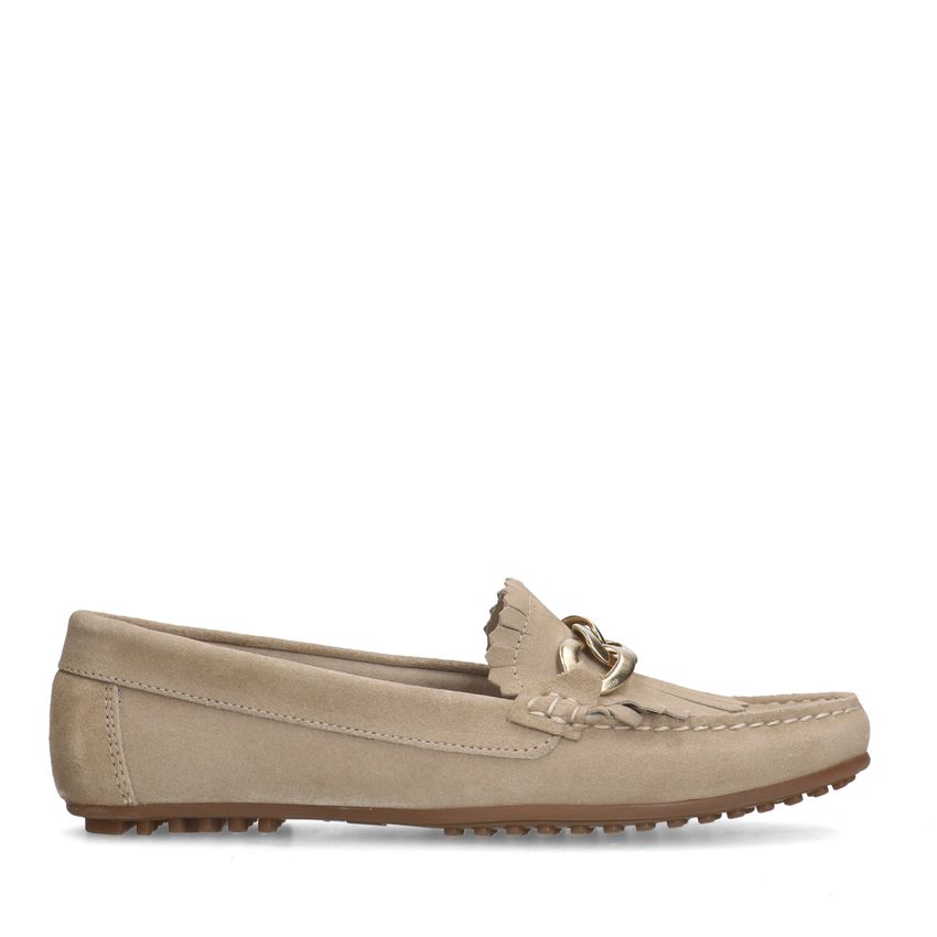 Manfield Taupe suède loafers met goudklerurig detail