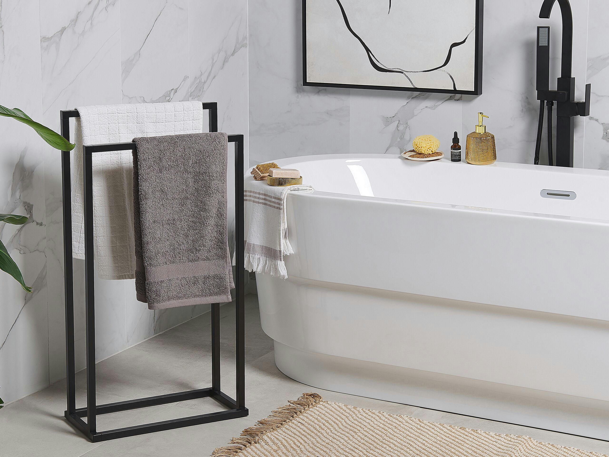 RECREO - Porte-serviettes sur pied en acier noir 2 barres 45 x 85 cm