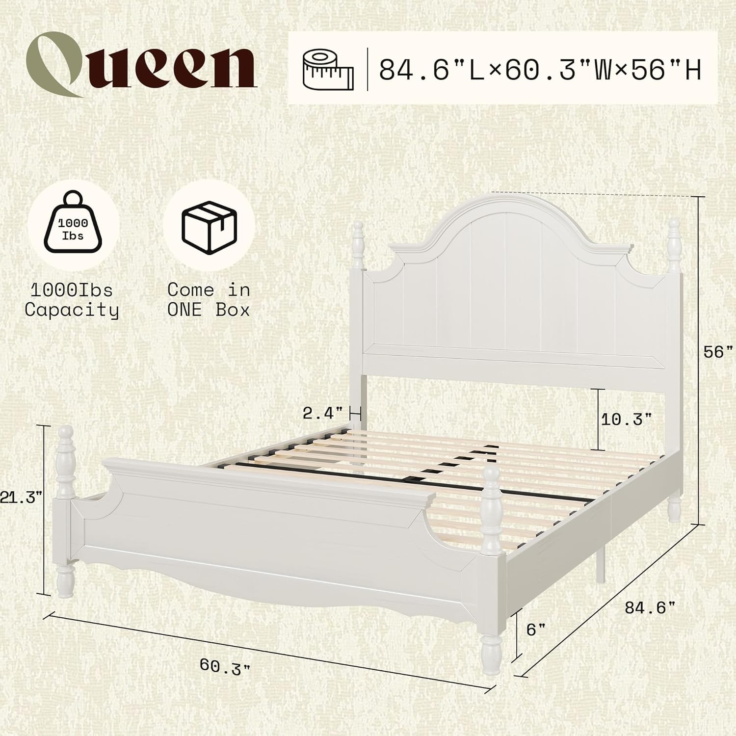 AMERLIFE Solid Wood Queen Bed Frame with 56 Arched Headboard, Traditional Poster Bed with Wooden Slats Support, No Box Spring Needed, Easy Assembly, White