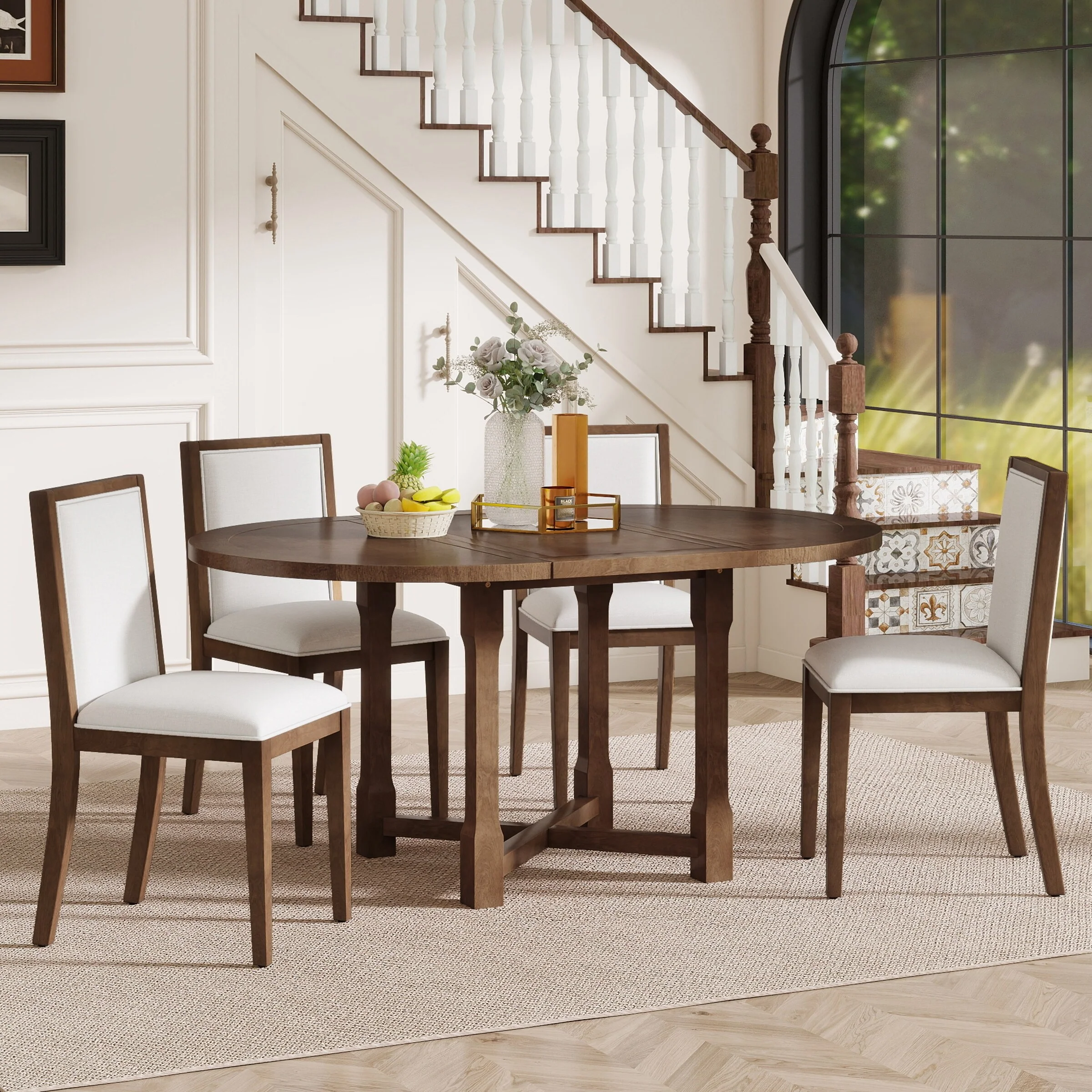5-Piece Expandable Farmhouse Dining Set – Round Table with 4 Upholstered Chairs & Removable Leaf, Perfect for Kitchen .