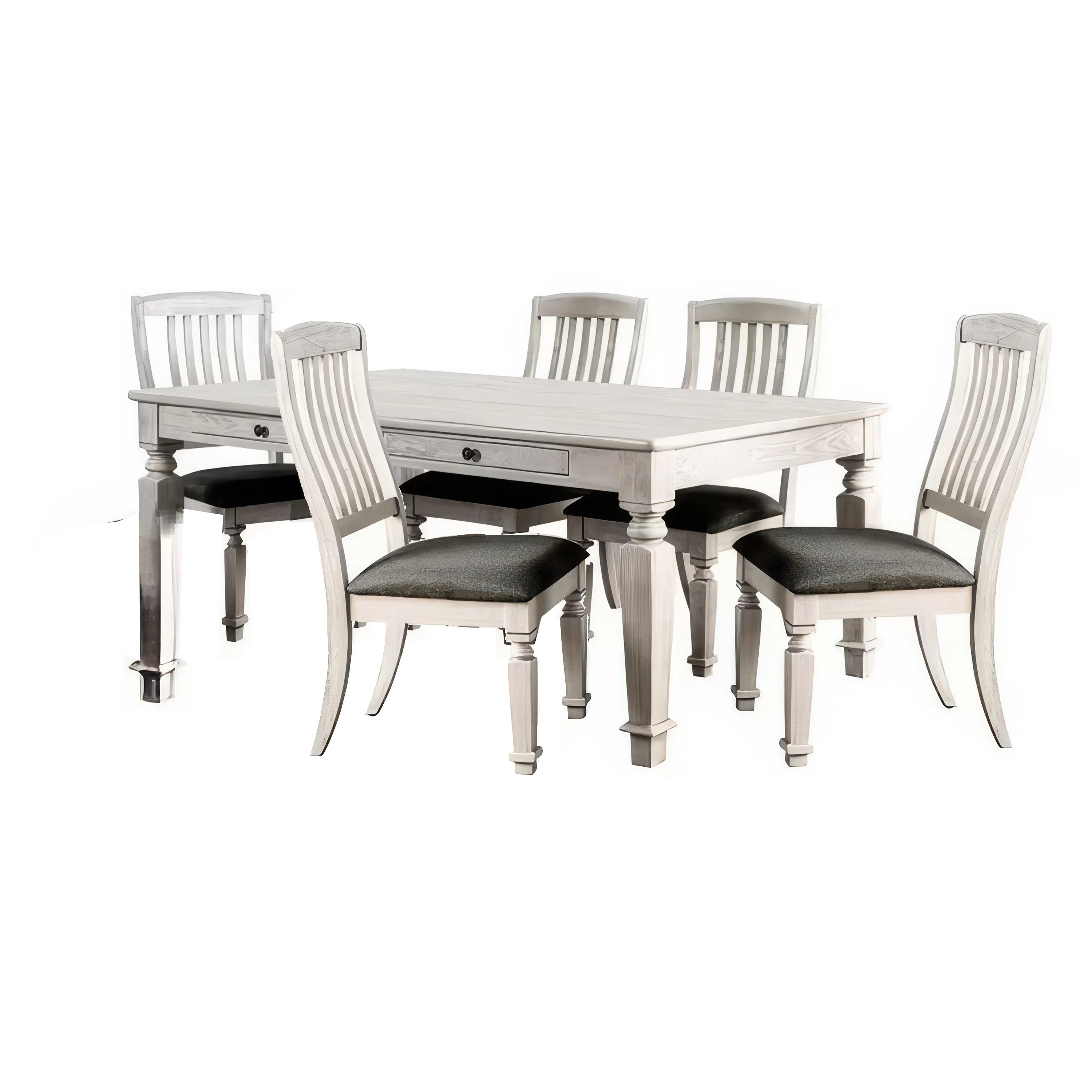 Orgi 7pc Dining Table Set with 6 Gray Fabric Chair, Antique White Wood