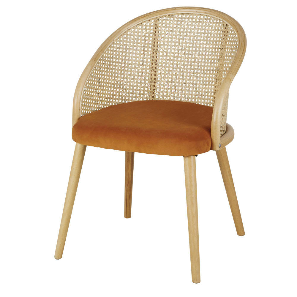 Sockette - Fauteuil de table en velours marron écureuil cannage en rotin coloris naturel