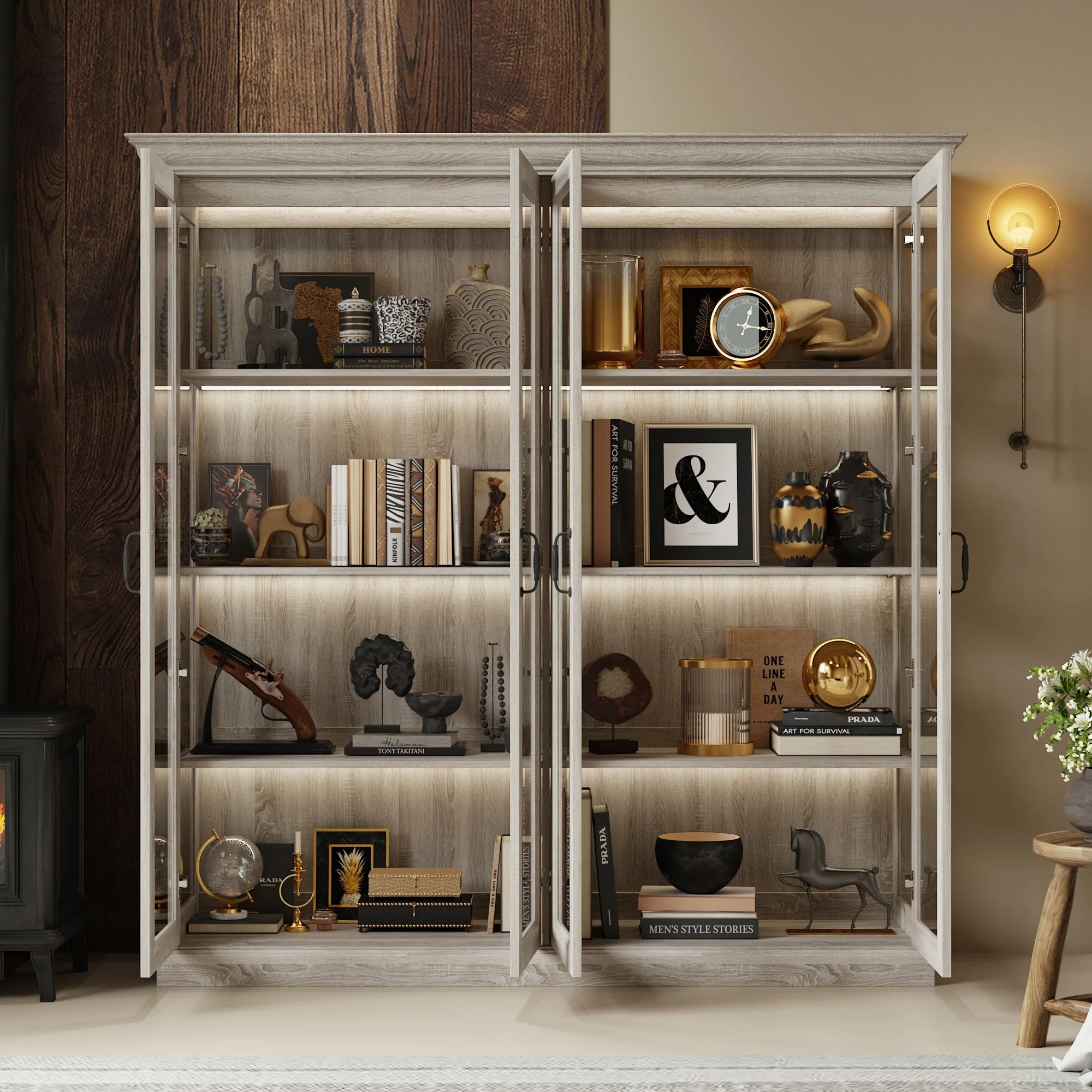 Glass Display Cabinet w/Light Tempered Glass Rustic Gray Oak Finish Bookshelvs Storage Cabinet