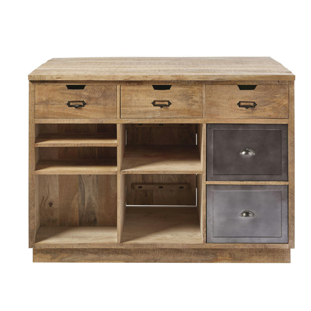 Melchior - Îlot central cuisine en manguier massif et métal gris