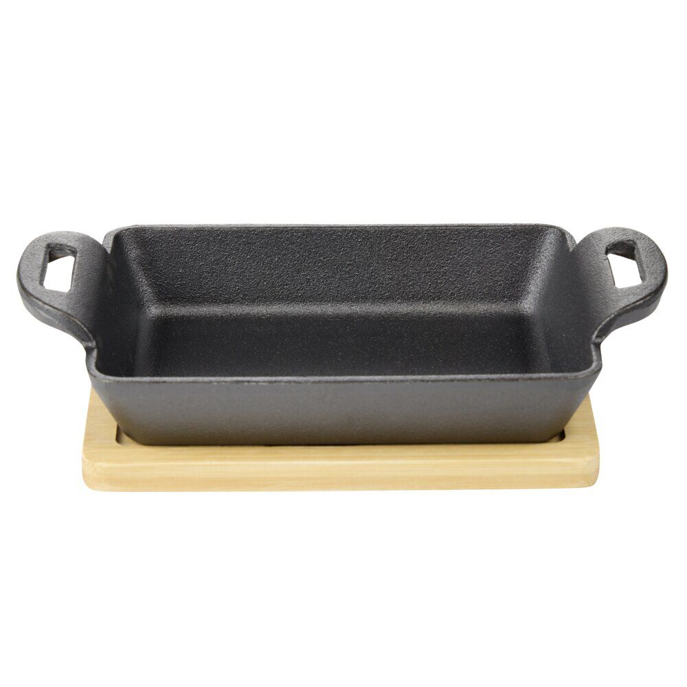 Mini plat rectangulaire en fonte avec support bambou L19X11X5 cm noir
