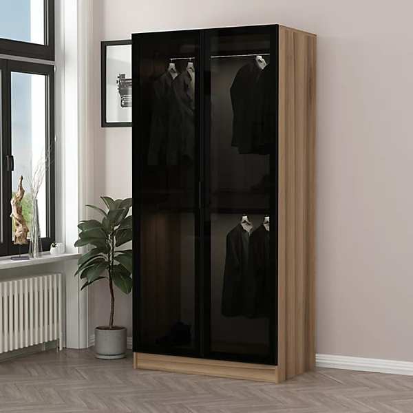 Armoire avec 2 portes verre fumé, noyer doré/noir 90 x 210 cm
