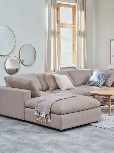 Modulsofa LYBY 3-pers. chaiselong sandfarvet stof