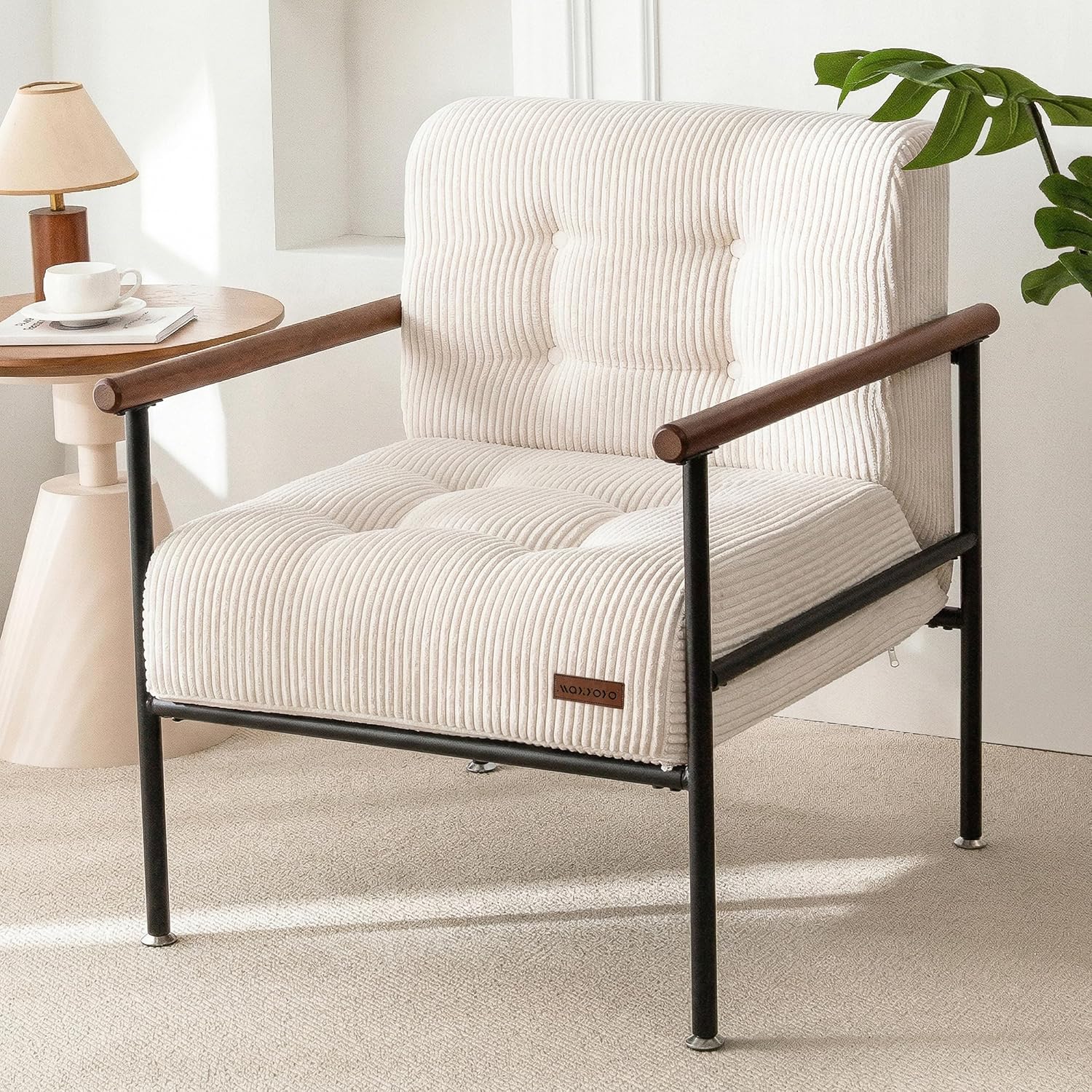 MAXYOYO Living Room Accent Chair, Modern Chair with Sturdy Metal Frame & Wood Armrests, Upholstered Reading Chair with Upholstered Cushion for Bedroom Balcony Porch, Beige