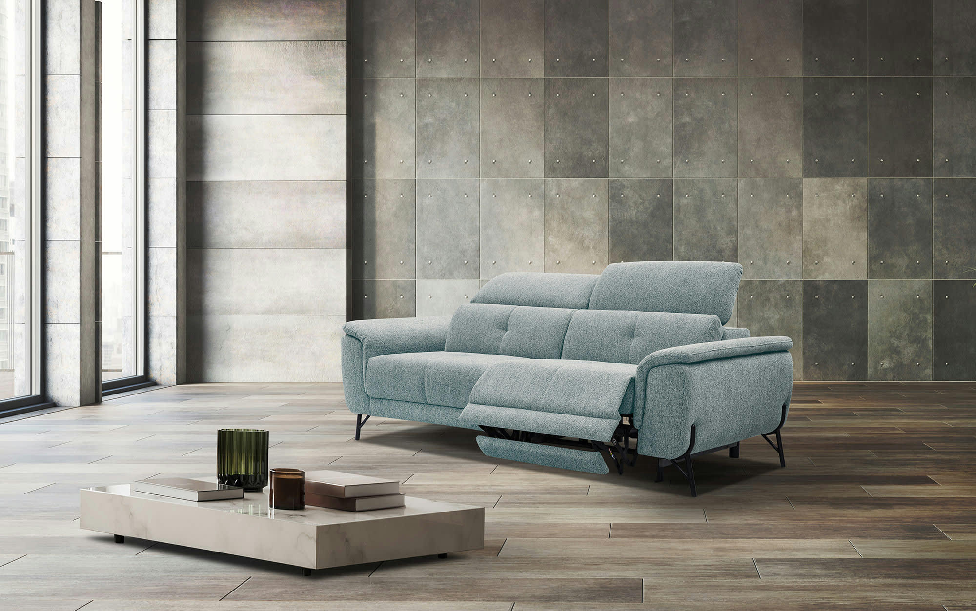 AVENA - Canapé droit 3 places avec relax électrique à droite tissu bleu clair