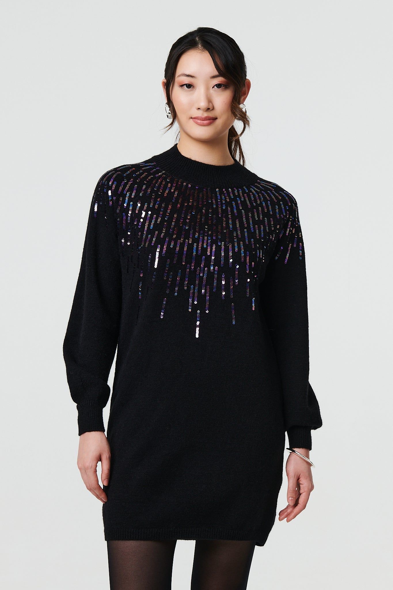 Izabel London Sequin Stripe Long Sleeve Knit Mini Dress