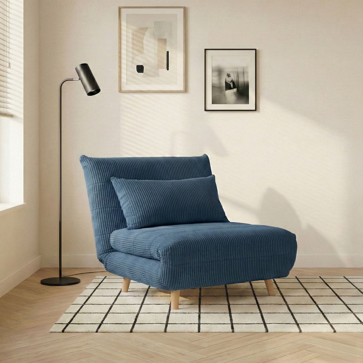 Sofa SOLACE 1-osobowa, z funkcją spania sztruksowa granatowa 83x91x84 cm