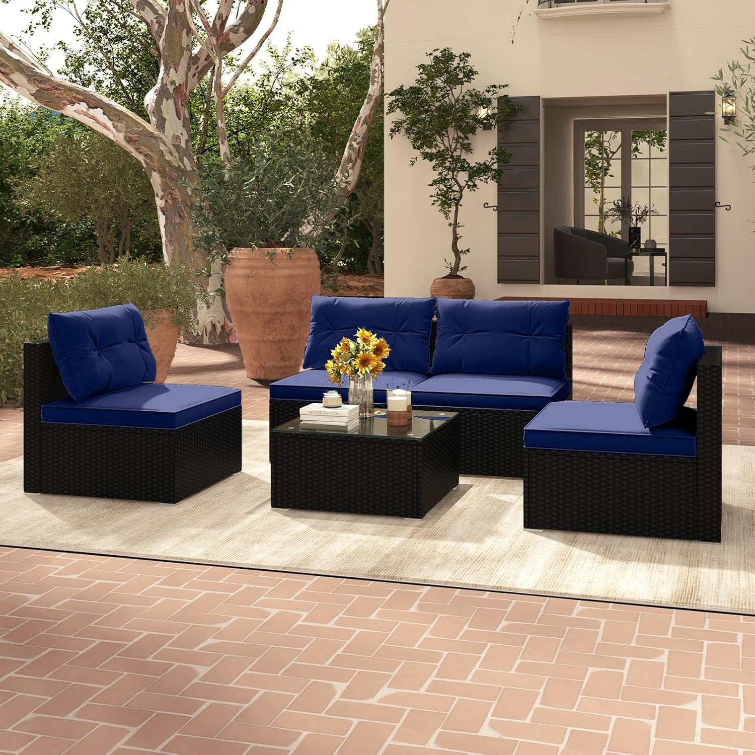 5-Piece Dark Rattan Patio Furniture Set, Outdoor Sofa with Glass Coffee Table(Navy)