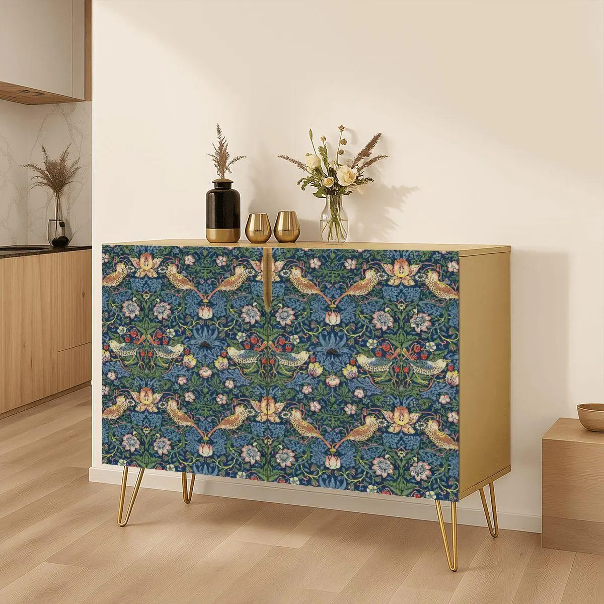 William Morris Strawberry Thief Sideboard Cabinet, Blue Floral Storage Console