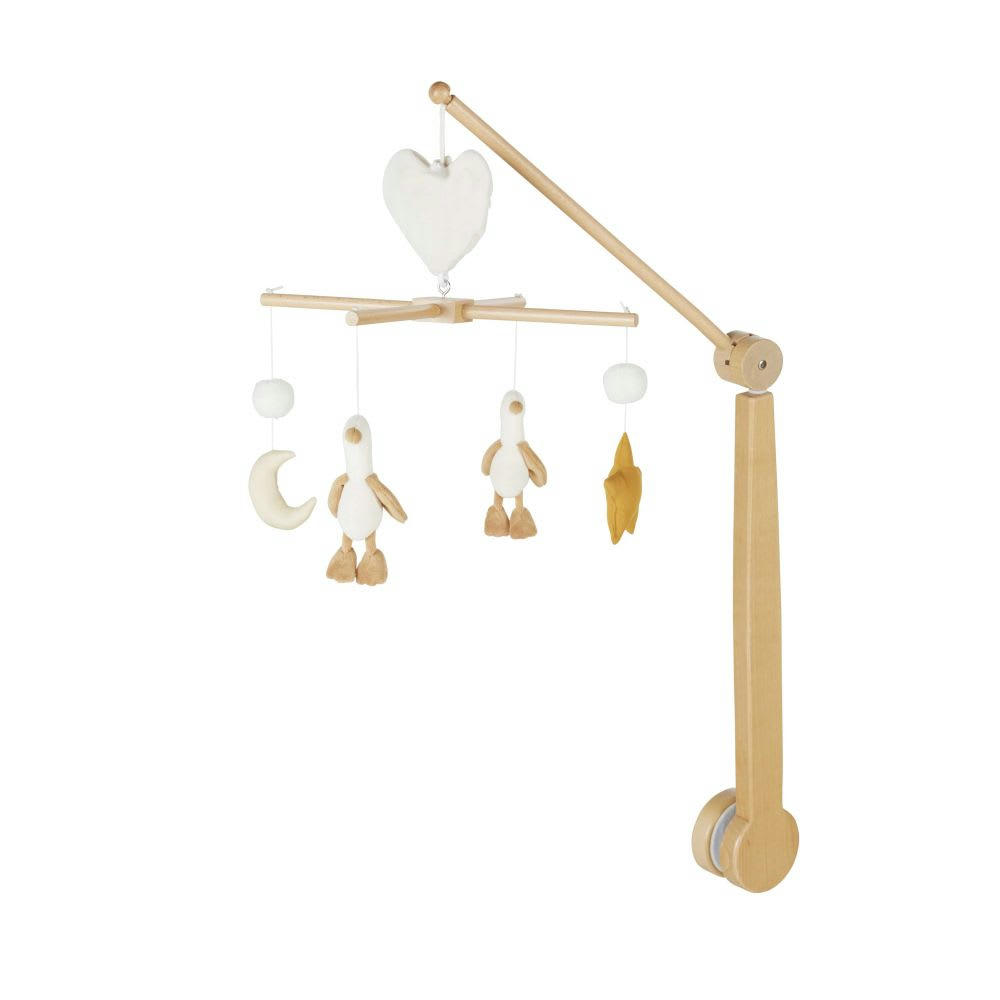 - Mobile musical bébé blanc, beige, orange et jaune moutarde
