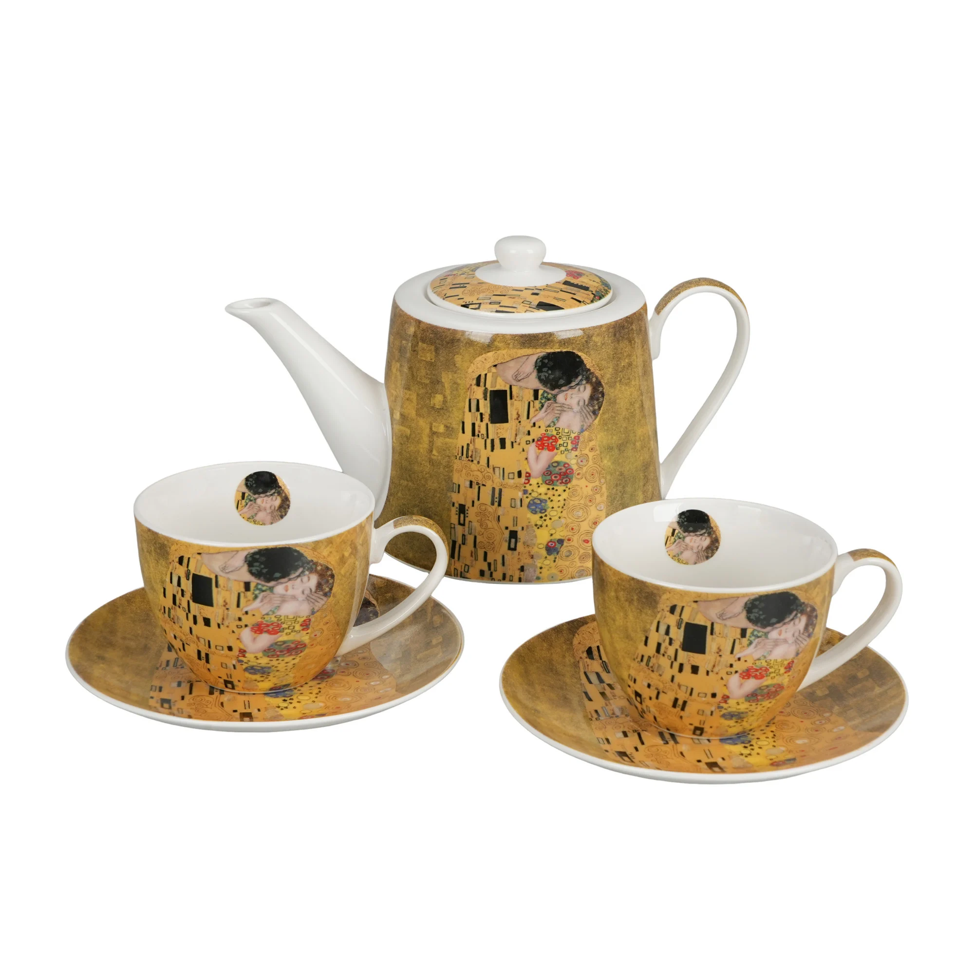 Elegancki Zestaw Dzbanek i 2 Filiżanki Pocałunek Klimt Porcelana 900ml
