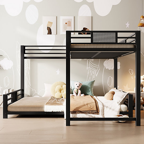 Lit superposé en métal en forme de L - 90x200cm   140x200 cm - Barrières de sécurité et échelle - Métal - Noir (sans matelas)