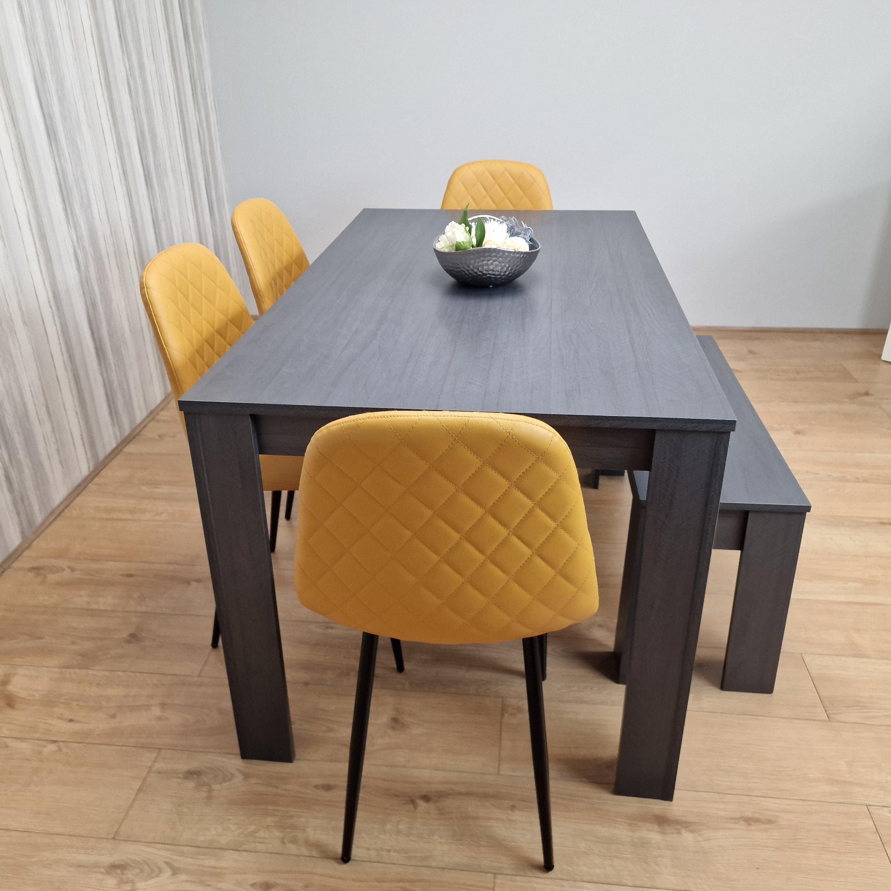 KOSY KOALA Grey Dining Table with 4 Diamond Stitched Mustard Chairs and 1 Bench