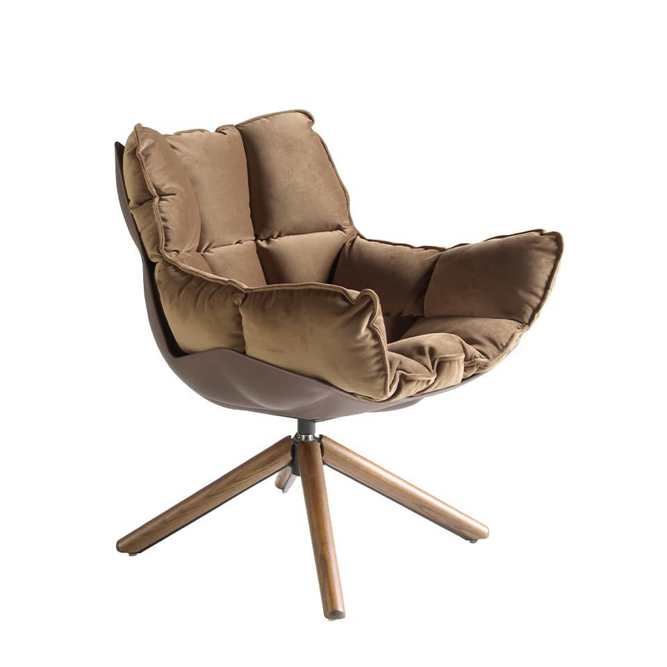 - Fauteuil pivotant en velours marron et Noyer
