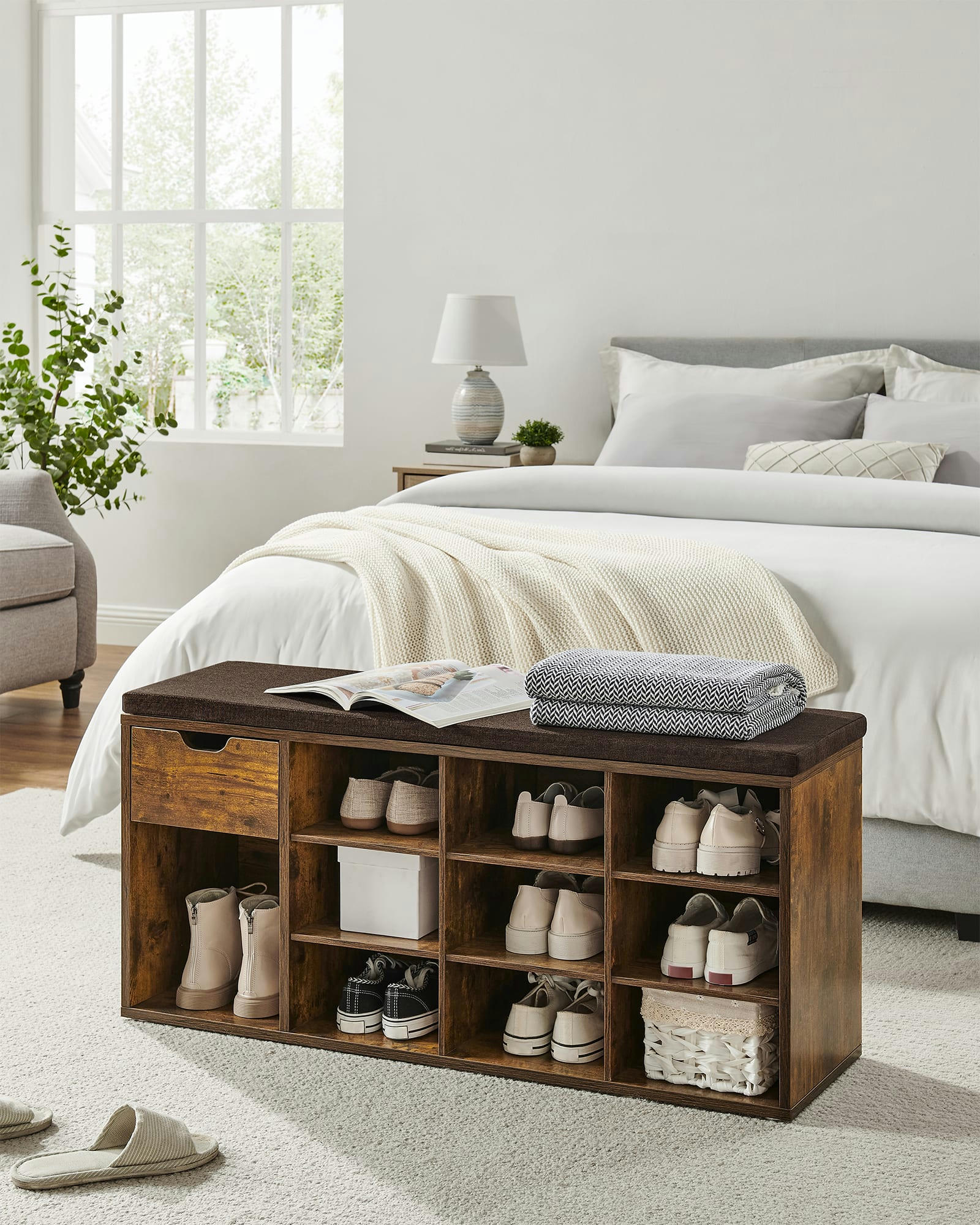 - Banc à chaussures avec tiroir et compartiments 30 x 104 x 48 cm blanc