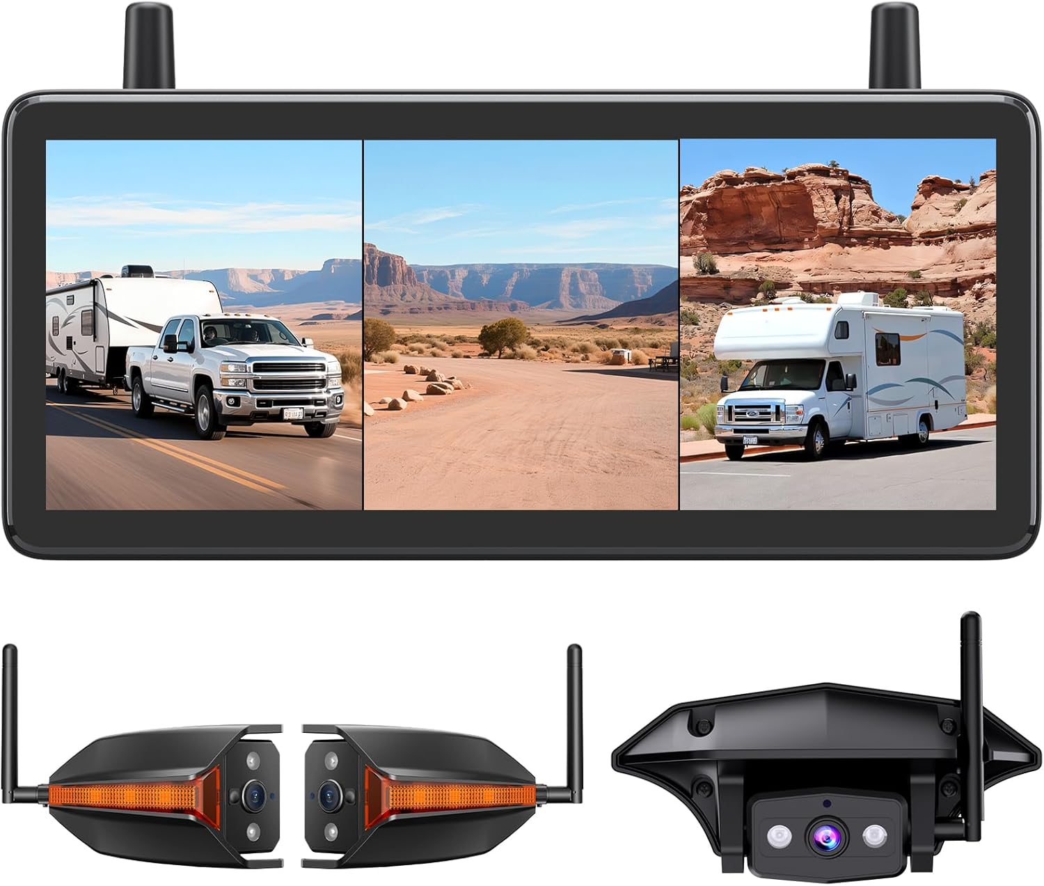 AUTO-VOX Wireless RV Backup Camera: Rear&Side View with 7.2” HD 1080P Triple-Split Screen Monitor  Dual Power USB/Car Charger  DVR Recording  Stable Signal Rear View Camera for Camper  Travel Trailer