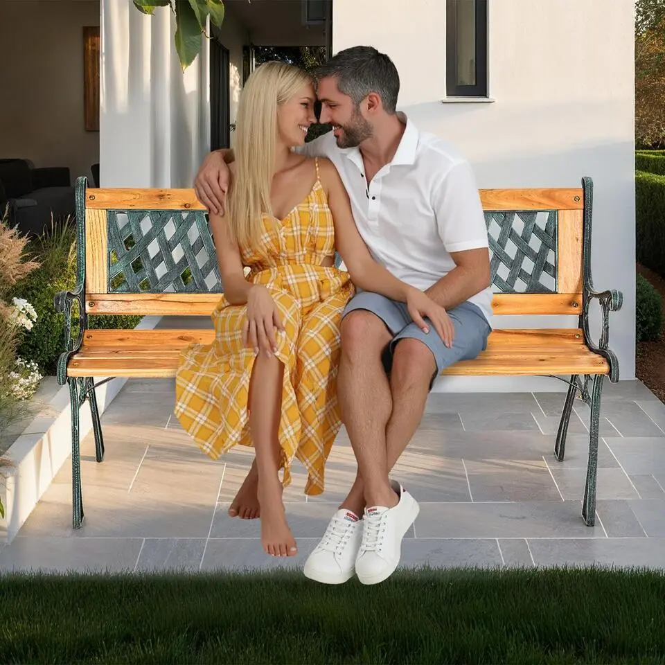 tectake Tuinbank Tamara 2-zitter van hout en gietijzer 128x51x73cm, Bruin